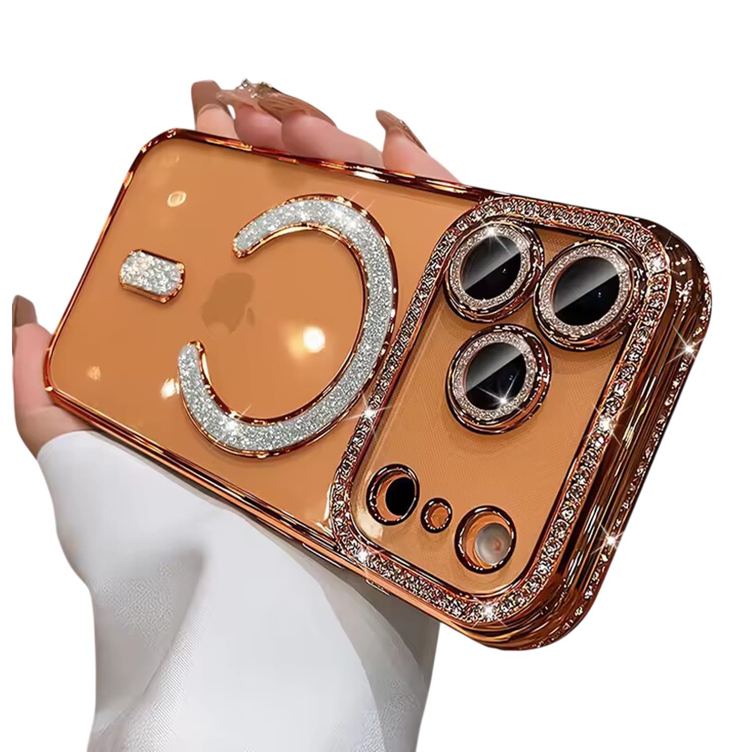 dizoro® compatible with (iphone 17 pro max case) clear luxury diamond glitter case |camera lens protector with glitter ring | premium shockproof glossy shiny back cover case for girls women -orange