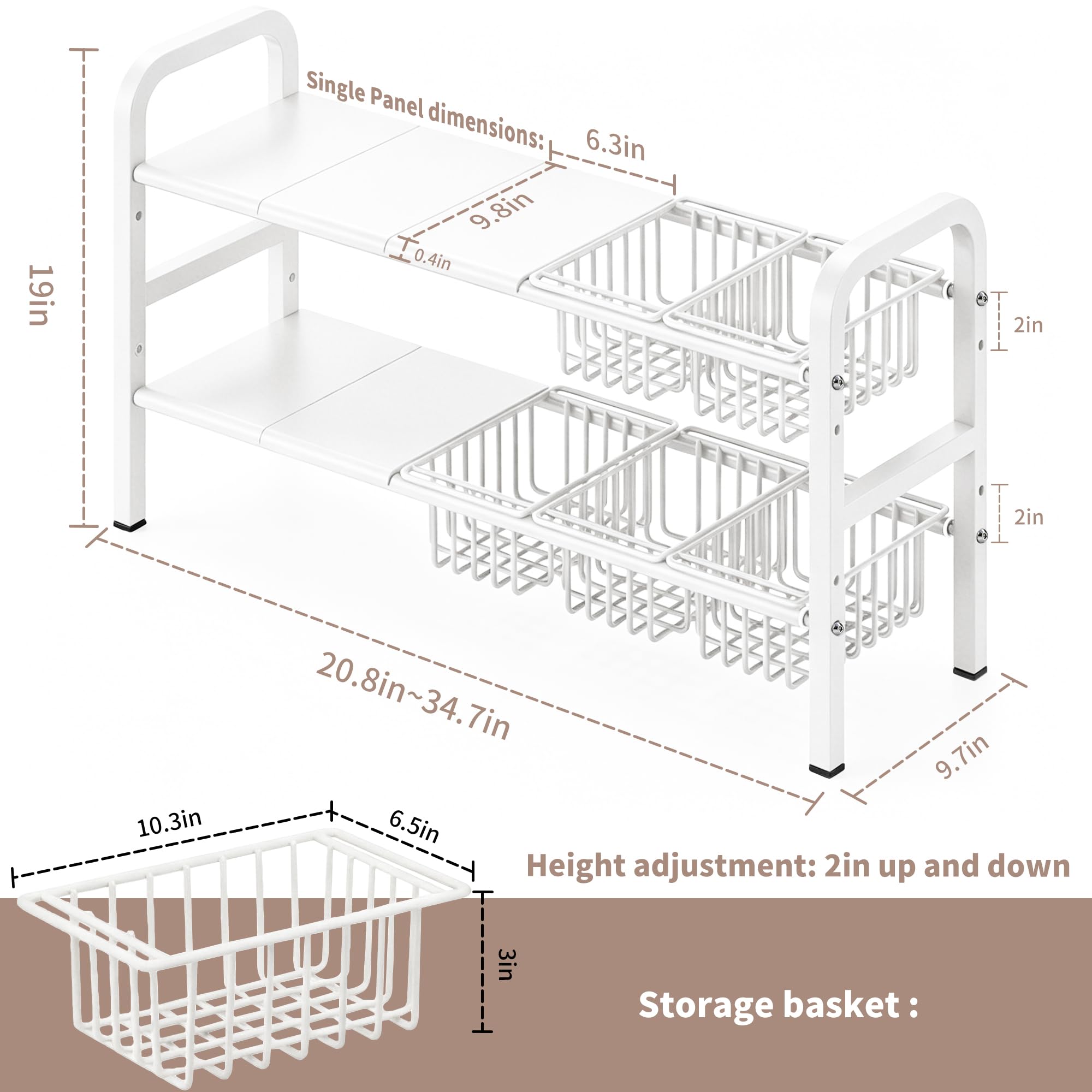 AKOZLIN 2-poziomowy wysuwany organizer pod zlewozmywak, szerokość 53-88 cm x głębokość 24,7 cm x wysokość 48,5 cm, półka pod szafkę z koszami (kolor biały, 5 płyt, 5 koszów)