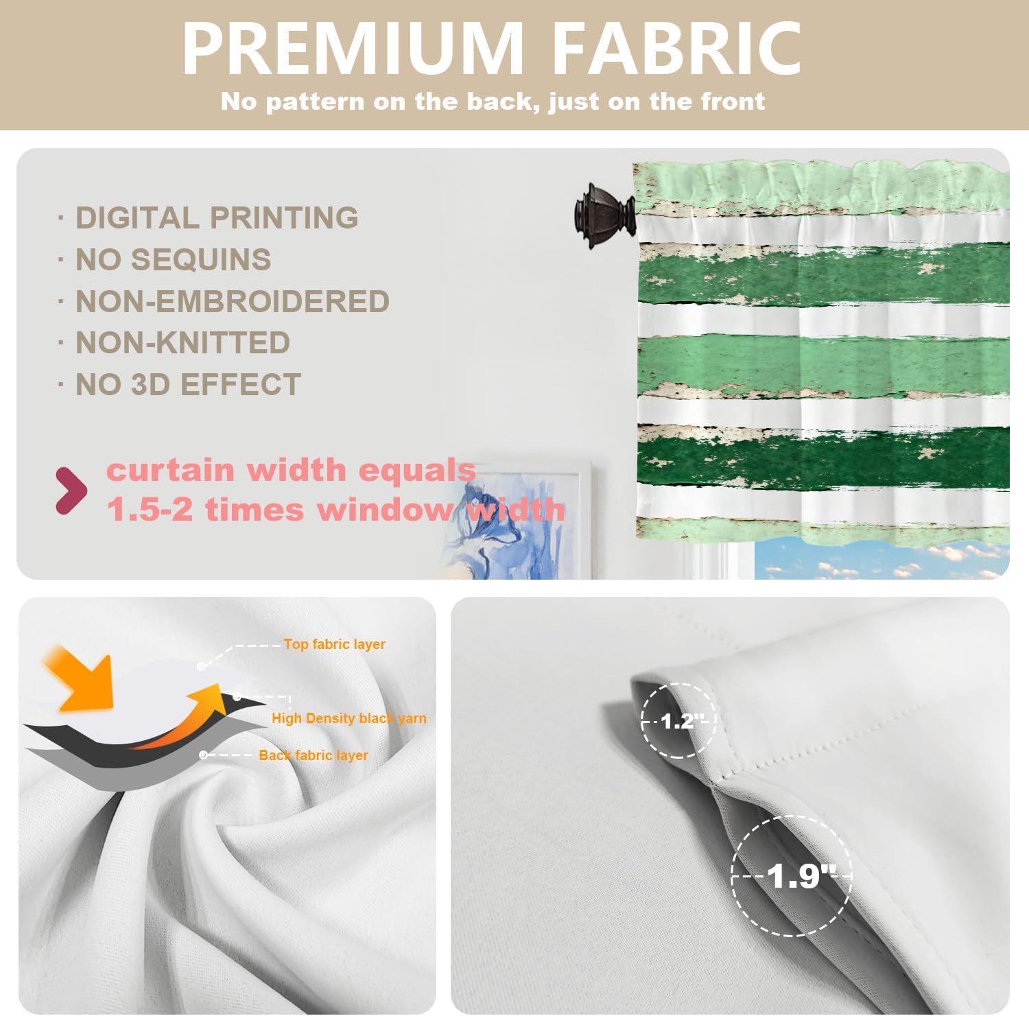 Apple Green Brushstrokes Blackout Kitchen Curtains,Apple Green with White Stripe Short Curtains for Windows Insulated Thermal Bathroom Window Curtain 1 Pack 52X18 Inches