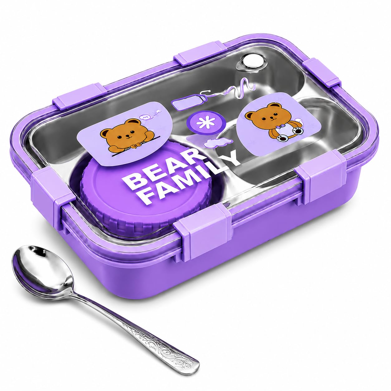 KITNEX Kids Stainless Steel Lunch Box | 3 Compartment Leak Proof Bento Tiffin Box with Spoon | BPA Free Cute Bear Lunch Box for School, Office & Travel | Bear Family (Purple)