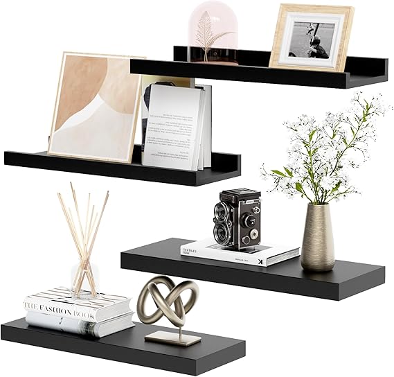 Boswillon 2+2 Black Floating Shelves Set of 4, Black Shelf