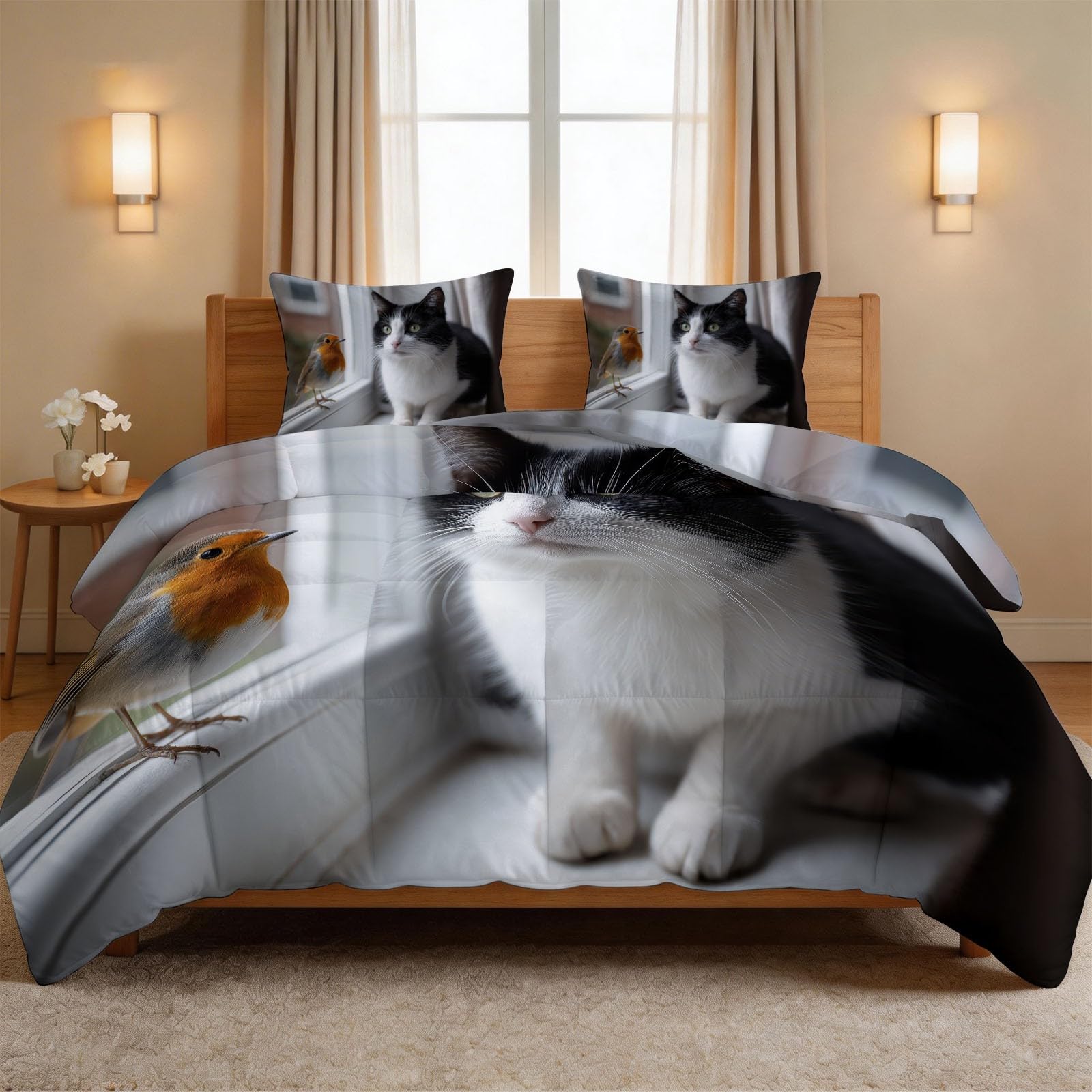 Kołdra 200 x 200 cm, na 4 pory roku, nowoczesna, minimalistyczna kołdra pikowana z motywem zwierzęcia, śliczny kot, ptak, miękka kołdra całoroczna, bez poszewki, dla chłopców i dzieci, nadaje się do