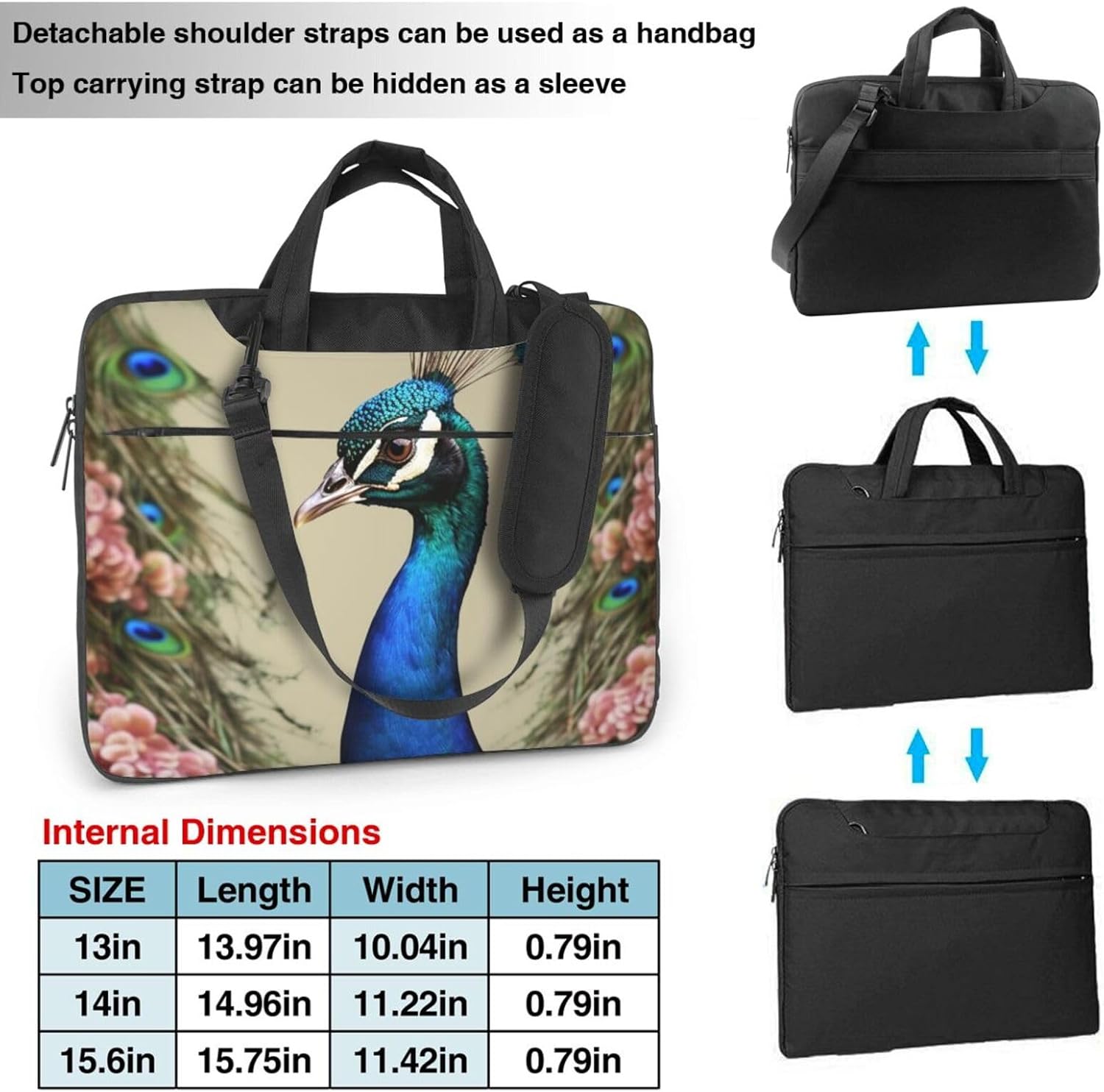 peacock Laptop Shoulder Bag Portable Laptop Bag Laptop Case Crossbody Briefcase w/Strap Handle