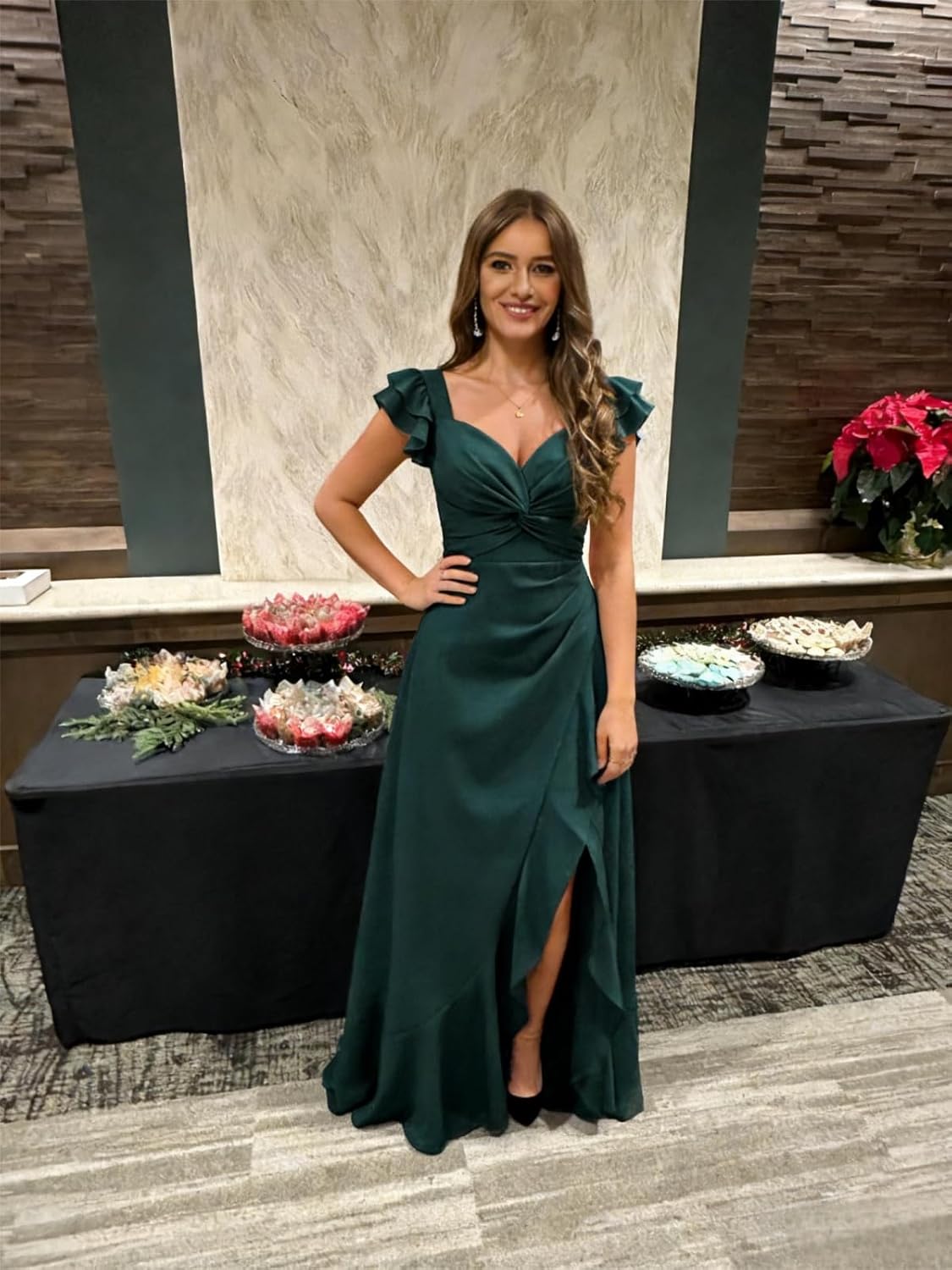 Women's Off The Shoulder Bridesmaid Dresses Long with Slit V Neck A Line Chiffon Formal Evening Dress AS047