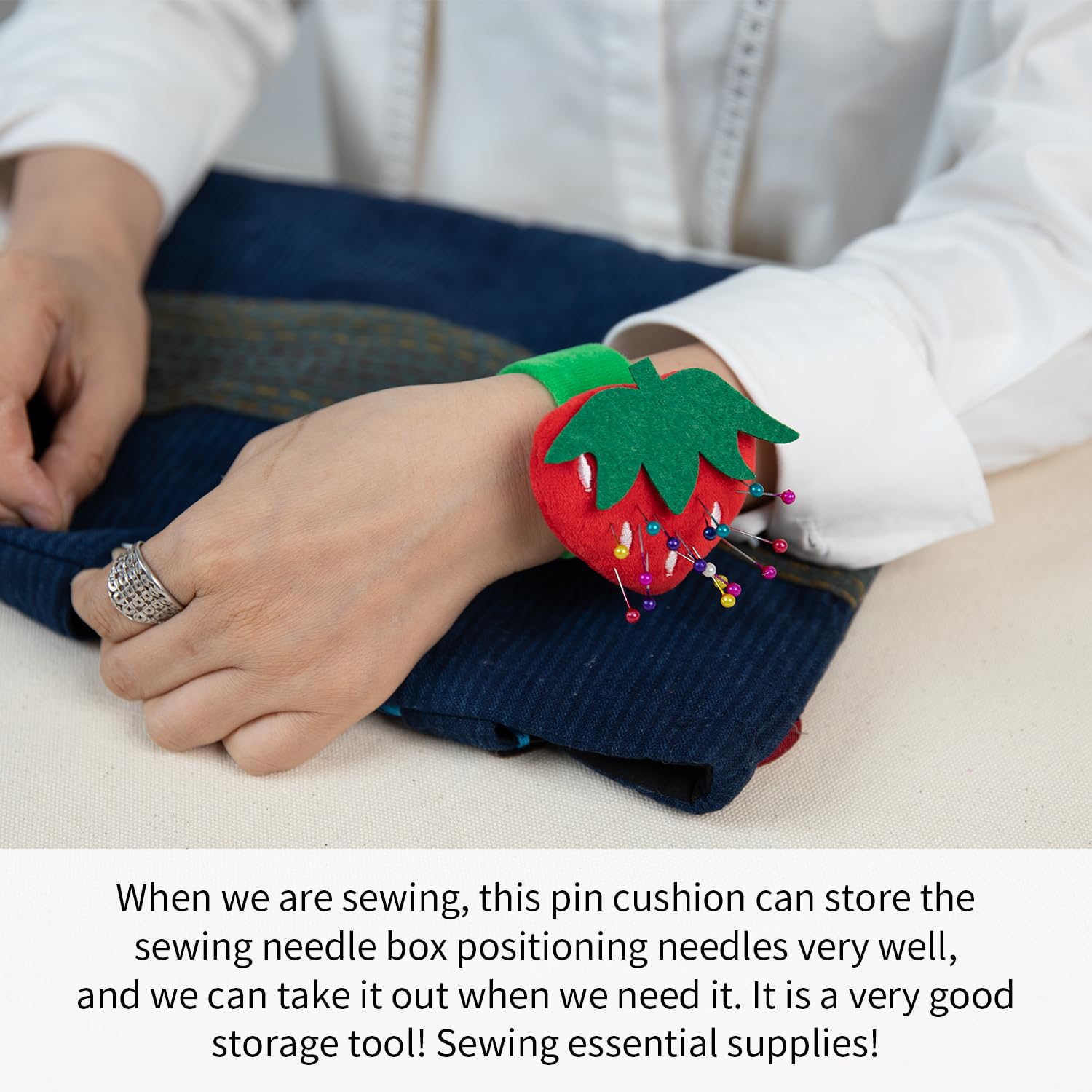 Strawberry Wrist Pin Cushion for Sewing Snap Bracelet Wrist Bands Pincushion Organizer for Pins and Needles Include 80 Pearl Ballhead Pins and 18 Sewing Needles - Image 2