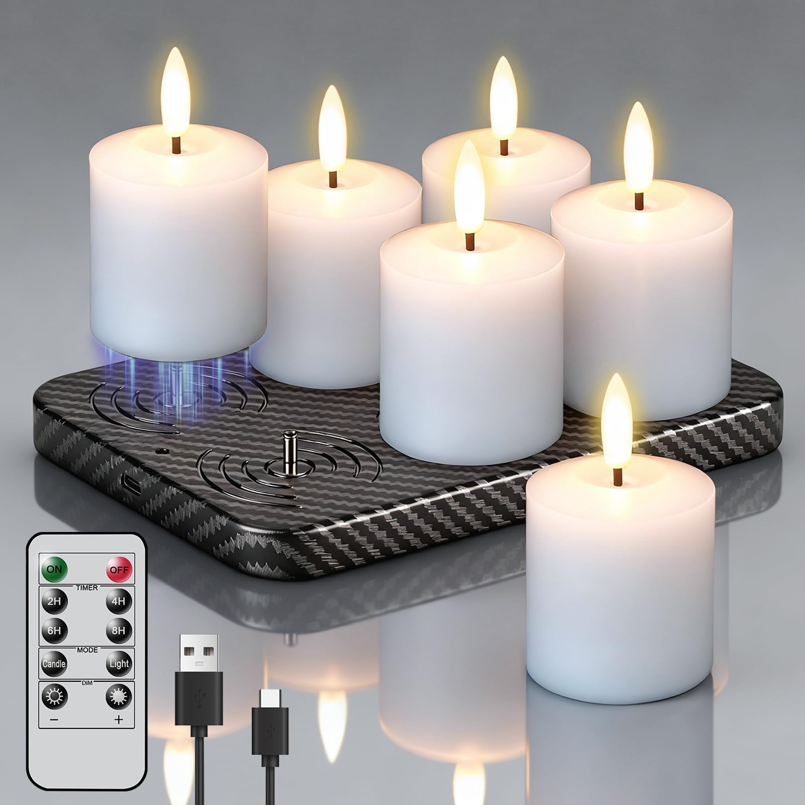 Eldnacele Rechargeable LED Candles with Remote Timer, 6 Pack Real Wax Battery Operated Tea Lights with Charging Base, LED Votive Candles for Christmas Decorations