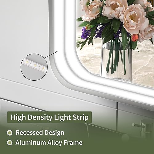 Miniatura 3 de Vosuja Espejo de baño LED de 16 x 24 pulgadas con luces, marco plateado rectangular redondeado con diseño de tira de luz incrustada, 3 colores y