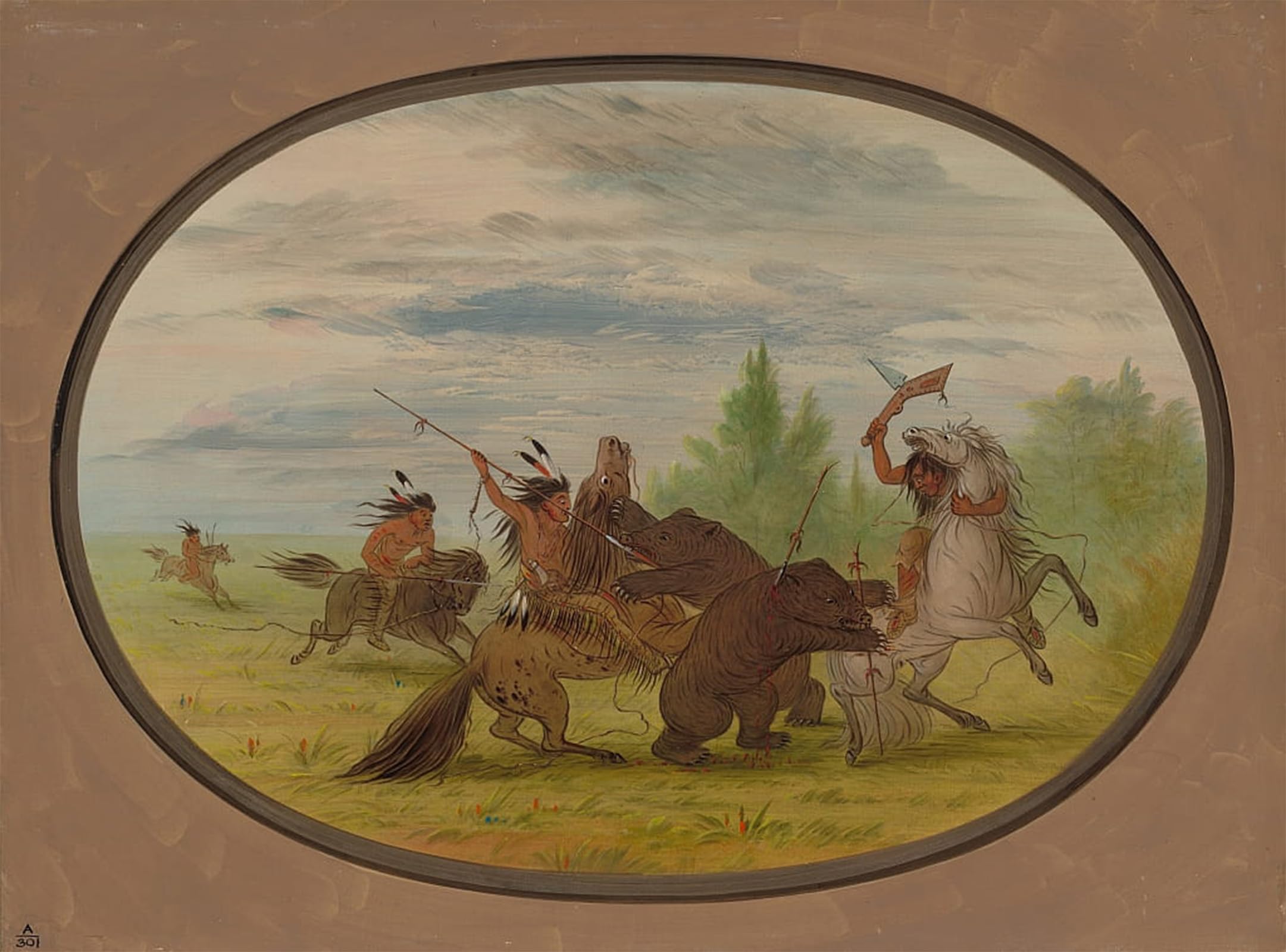 POSTERIIk Vintage Art Print Images Pictures Print K'nisteneux Indians Attacking Two Grizzly Animals by George Catlin Modern Colour Posters for Office Home Decor 60x90cm