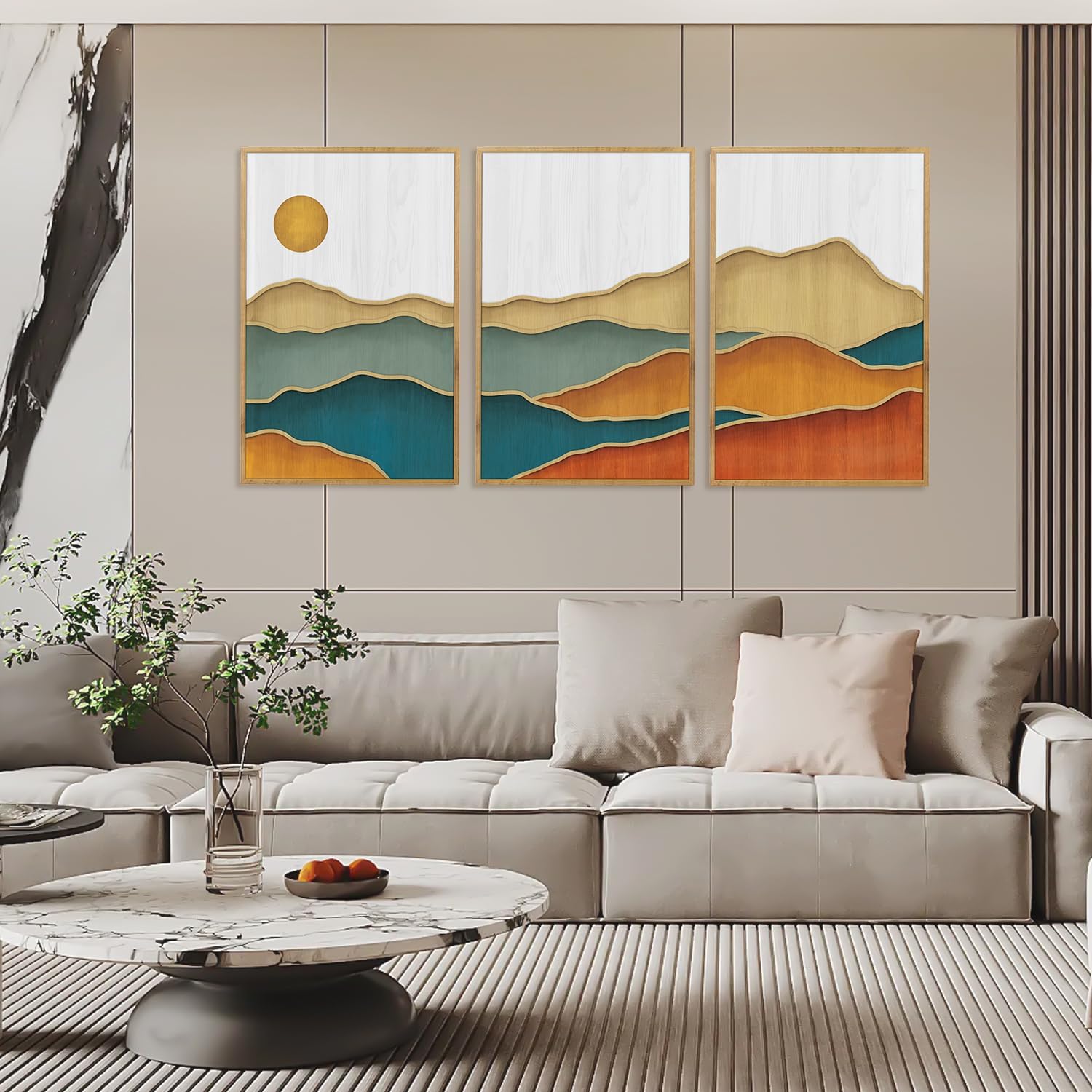CHDITB Mountain Sun Forest Framed Art Prints(Set of 3, 24”x36”), Boho Watercolor Nature Landscape Canvas Artwork Painting, Abstract Foggy National Park Scenery Poster Decor for Living Room Bedroom
