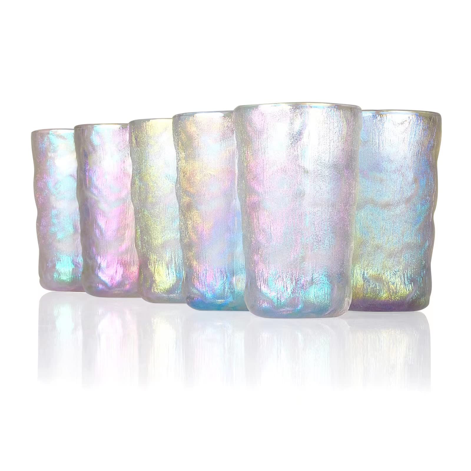 Obedpet Set of 6 Iridescent Drinking Glasses, Glass Cups with Glacier Texture,Thick&Durable Glassware Sets, 13 oz