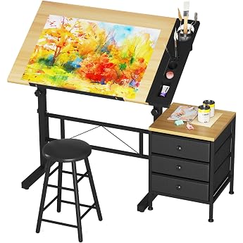 Dripex Drawing Table 0-60  Tilting Architect Table Adjustable Table Top Height Adjustable Work Table Drawing Computer Desk with Stool and Lockers for Office and Home Wood Colour