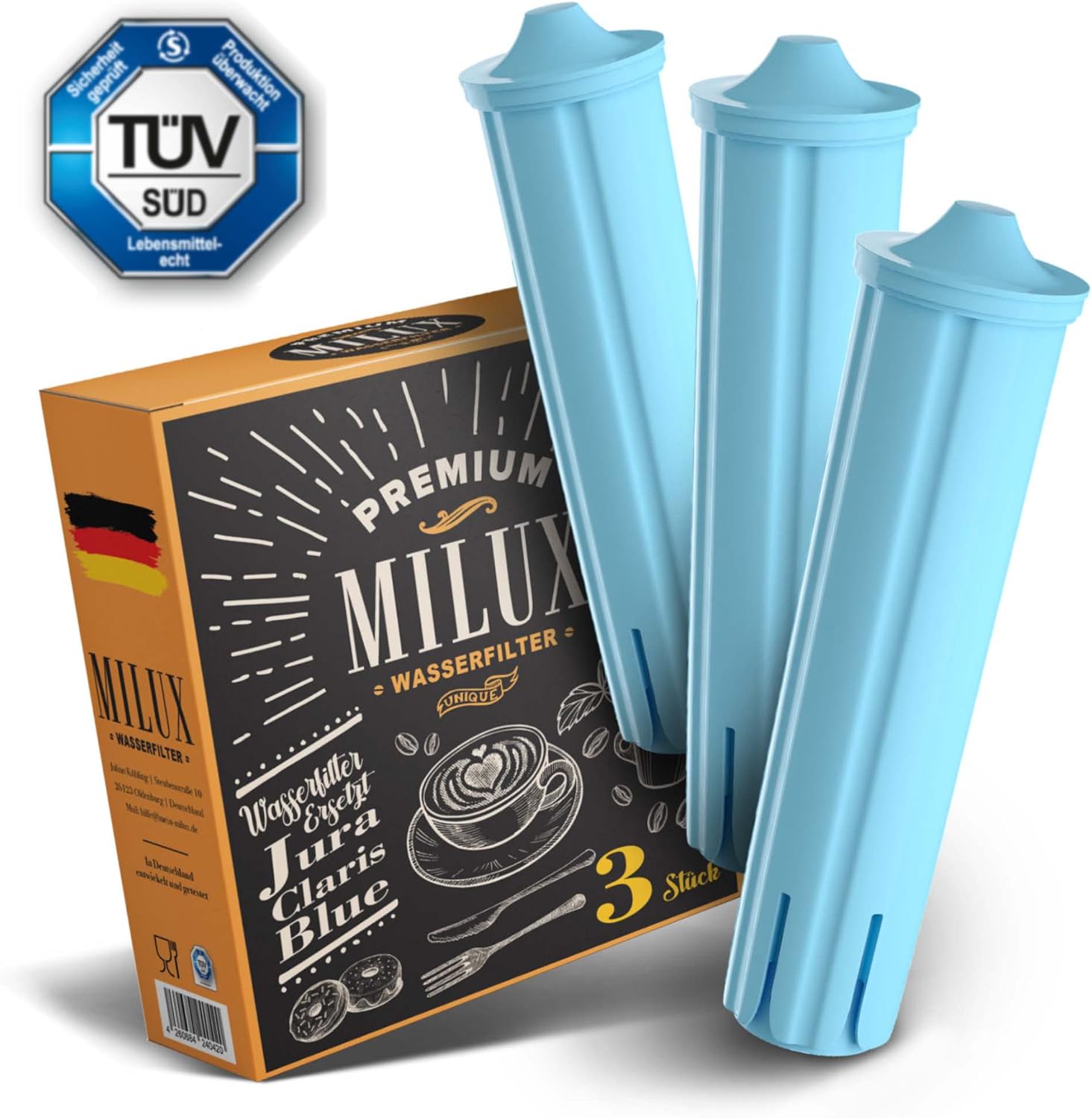 Pack of 3 Premium Filters for Jura Claris Blue by Milux TÜV Certified