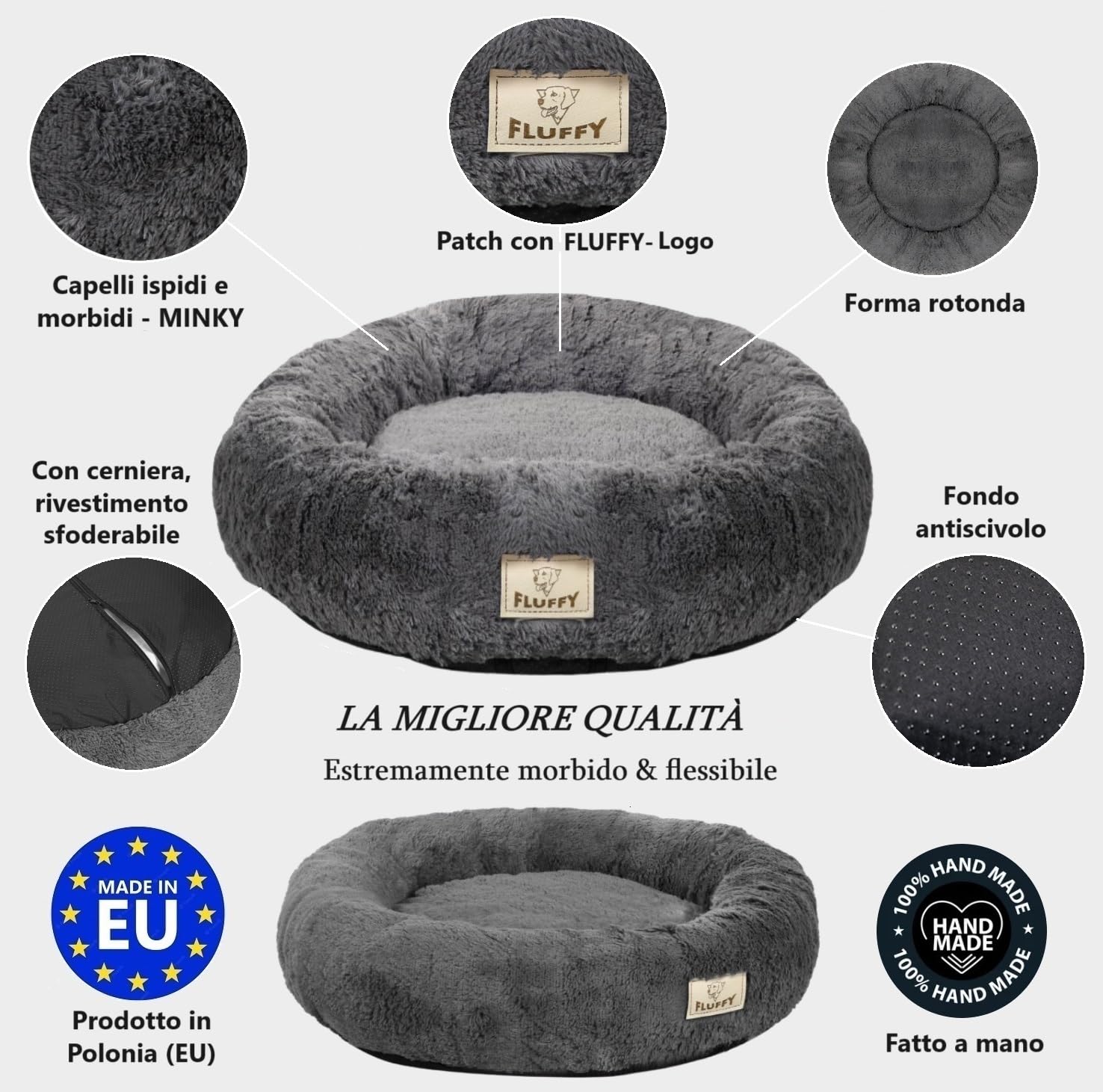 KING DOG Cuccia per cani rotonda cuccia morbida M 60 cm cuscino morbido con rivestimento in peluche cuscino interno estraibile fondo antiscivolo lavabile