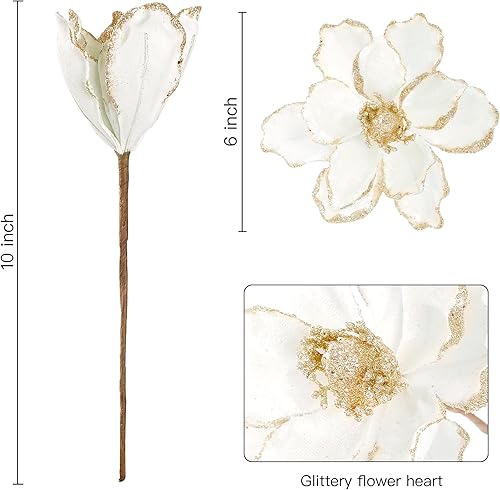 Miniatura 13 de Sggvecsy 10 piezas de flores de Navidad con purpurina para árbol de Navidad, flores de pascua artificiales, de terciopelo, magnolia, tallos florales