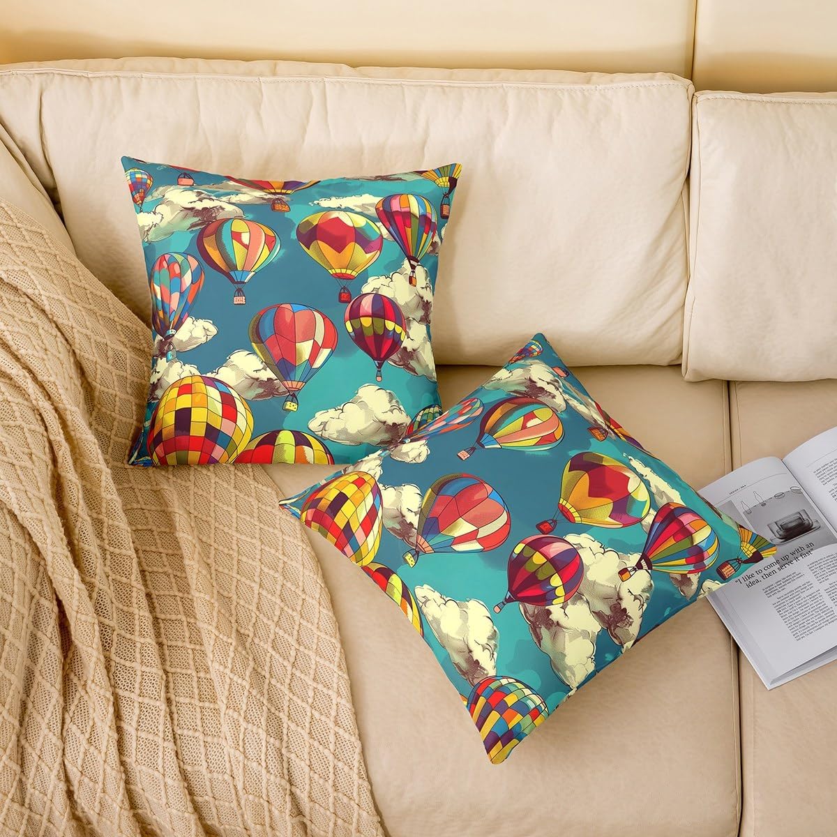 Kids Hot Air Balloon Set Of 2 Throw Pillow Covers Rainbow Balloon Cushion Covers Cartoon White Cloud Sky Pillow Covers Aviation Journey Decorative Pillow Covers For Teens Boys child,24x24 Inch