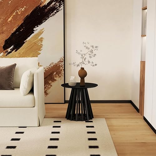 Miniatura 6 de DUOMAY Mesa auxiliar redonda moderna con base geométrica, mesa auxiliar de madera natural para sala de estar, dormitorio, sala de estar, oficina,