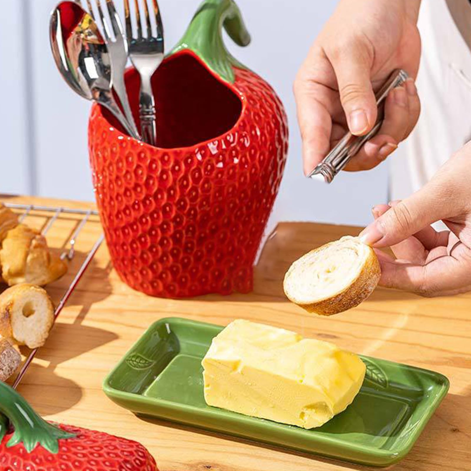 Contenedor de mantequilla con acento de de cerámica, textura de fruta elevada, forma de fresa brillante para estación de café, decoración de cocina de cerámica, contenedor de encimera de fresa,