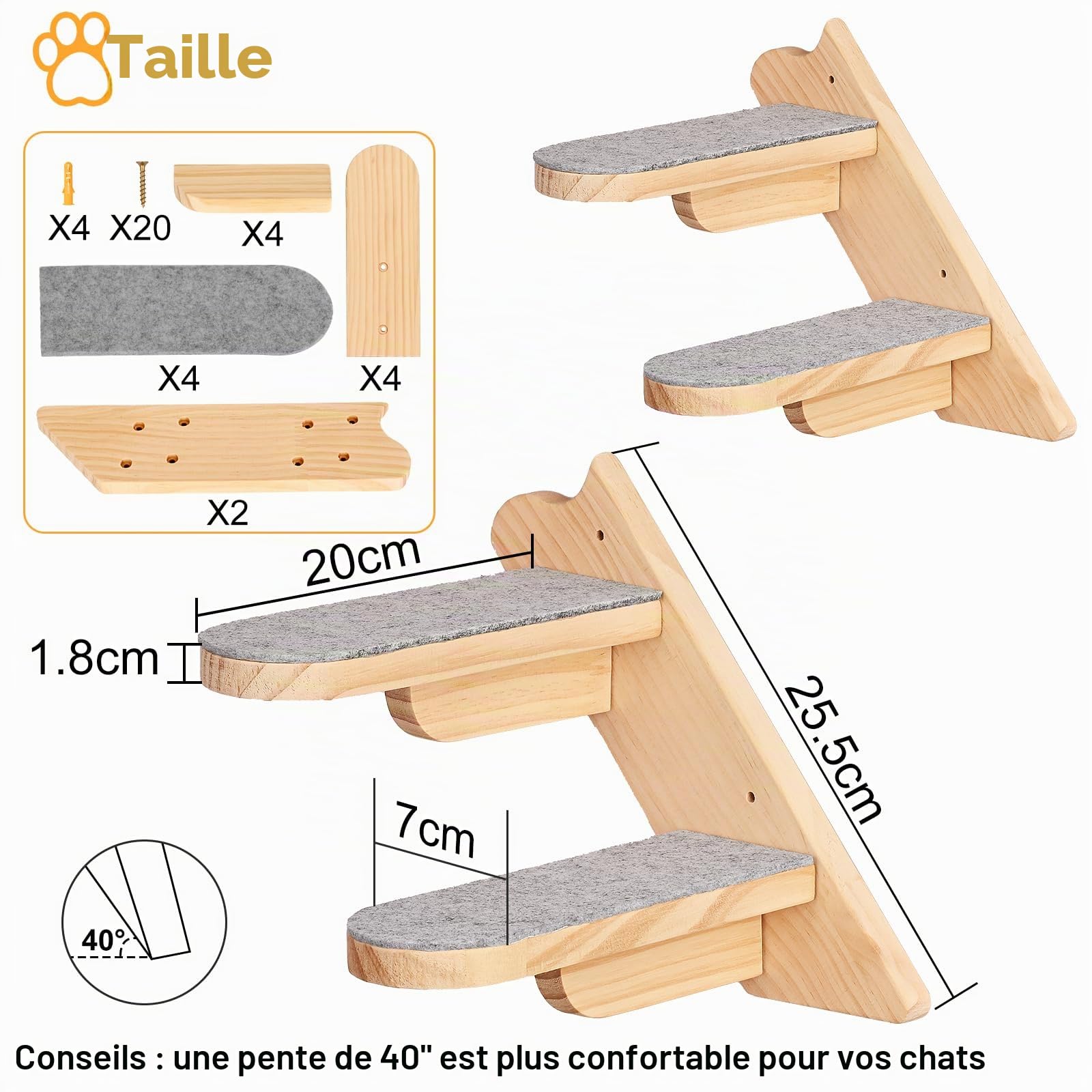 Étagère d’escalade pour chat montée au mur - Échelle en bois à quatre marches recouverte de peluche - Meuble pour grimper, dormir et jouer