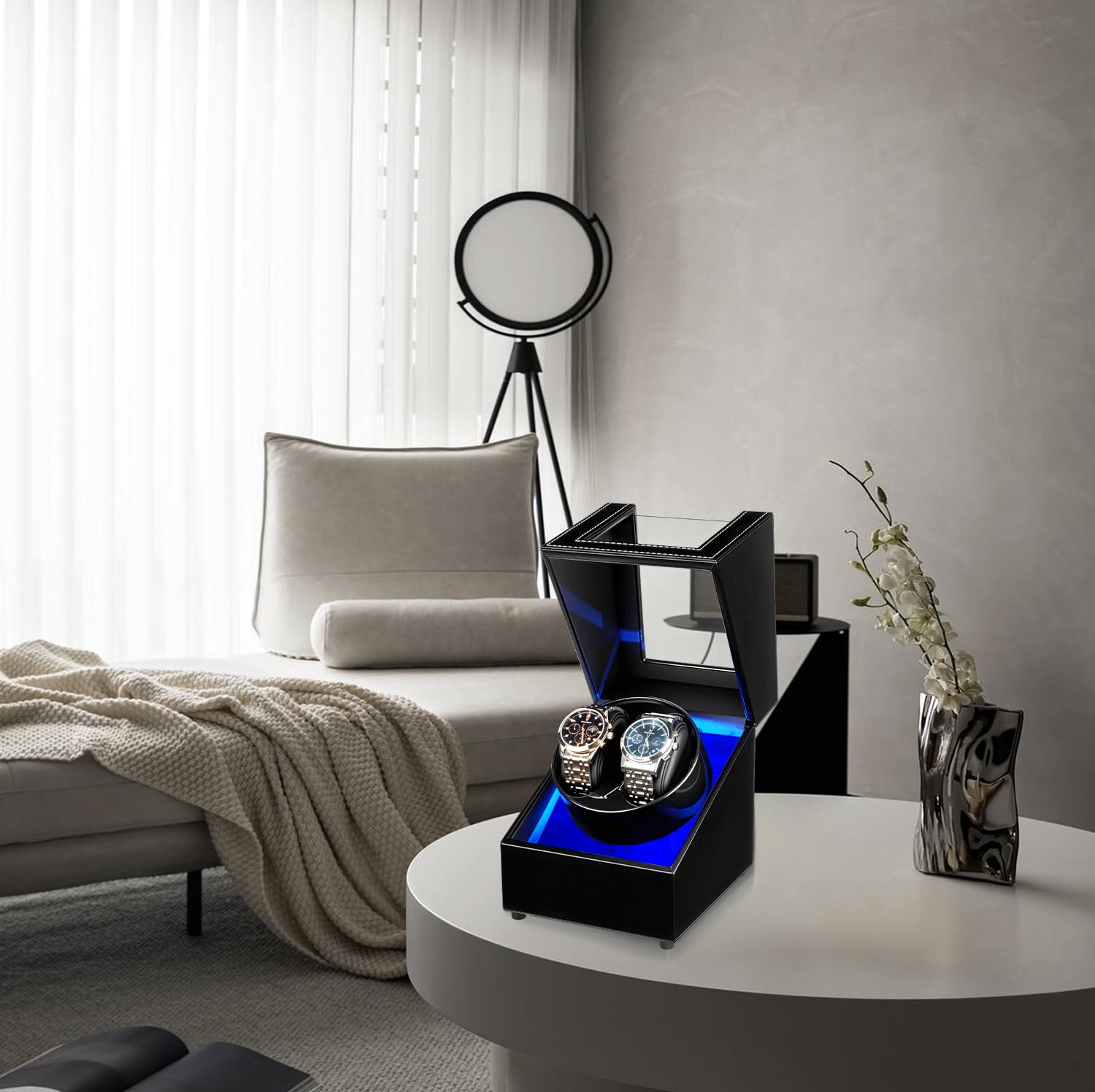 Mcbazel Double Remontoir de Montre, Boîte à Montre à Double Position en Cuir PU, 5 Modes de Rotation Automatique, Boîte de Rangement avec Chargement USB et Lumière LED Bleue – Noire