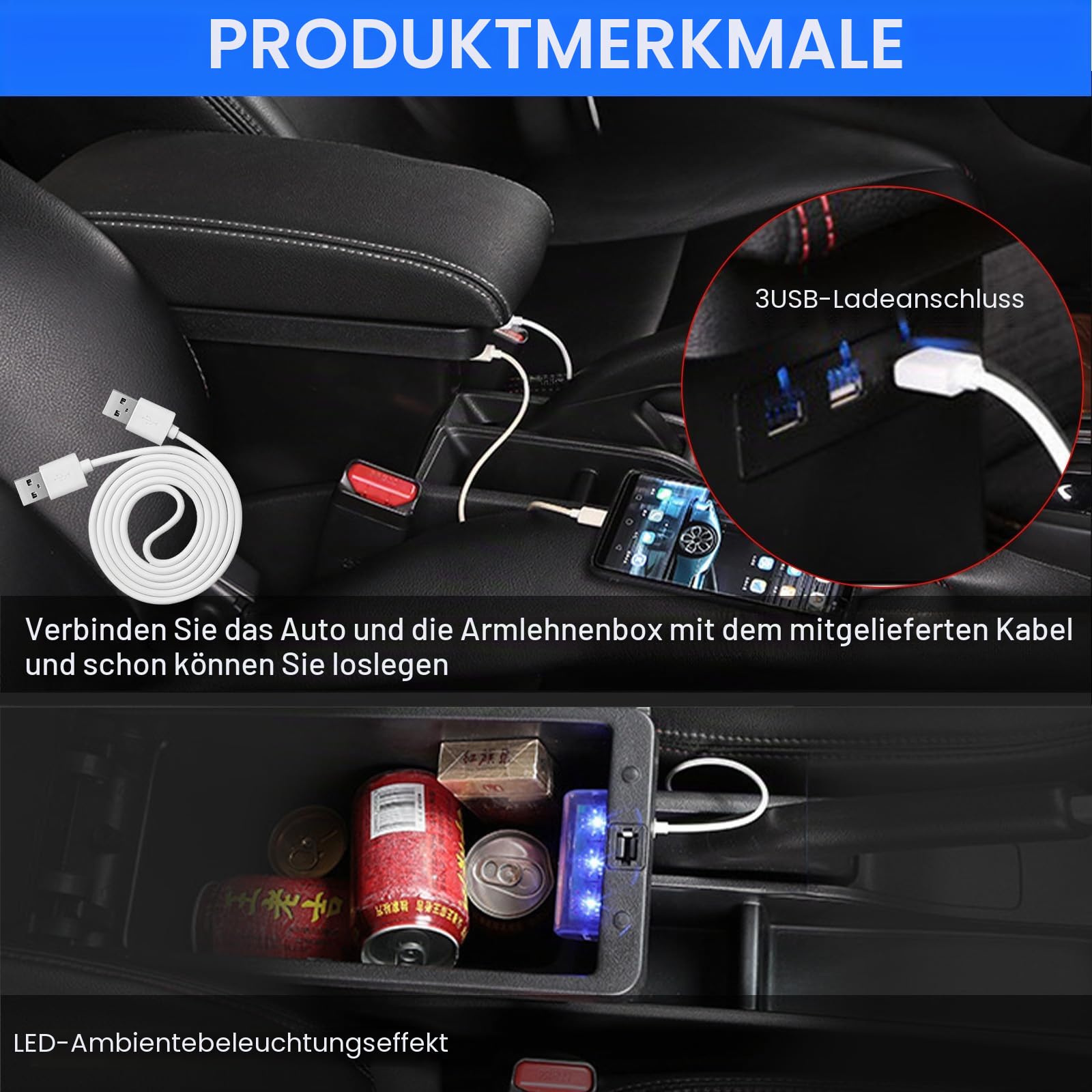 Mittelarmlehne Box Kompatibel mit VW Polo 2019-2024 | Armlehnenbox mit Doppelschicht-Aufbewahrung, 3 USB-Anschlüssen, schwarzem Leder und weißen Linien.