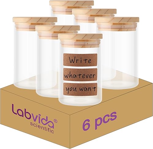 Labvida Tarro de vidrio con tapa de madera de pino, tarros de almacenamiento decorativos y recipientes para encimera de cocina, 9.8oz-6 piezas, para