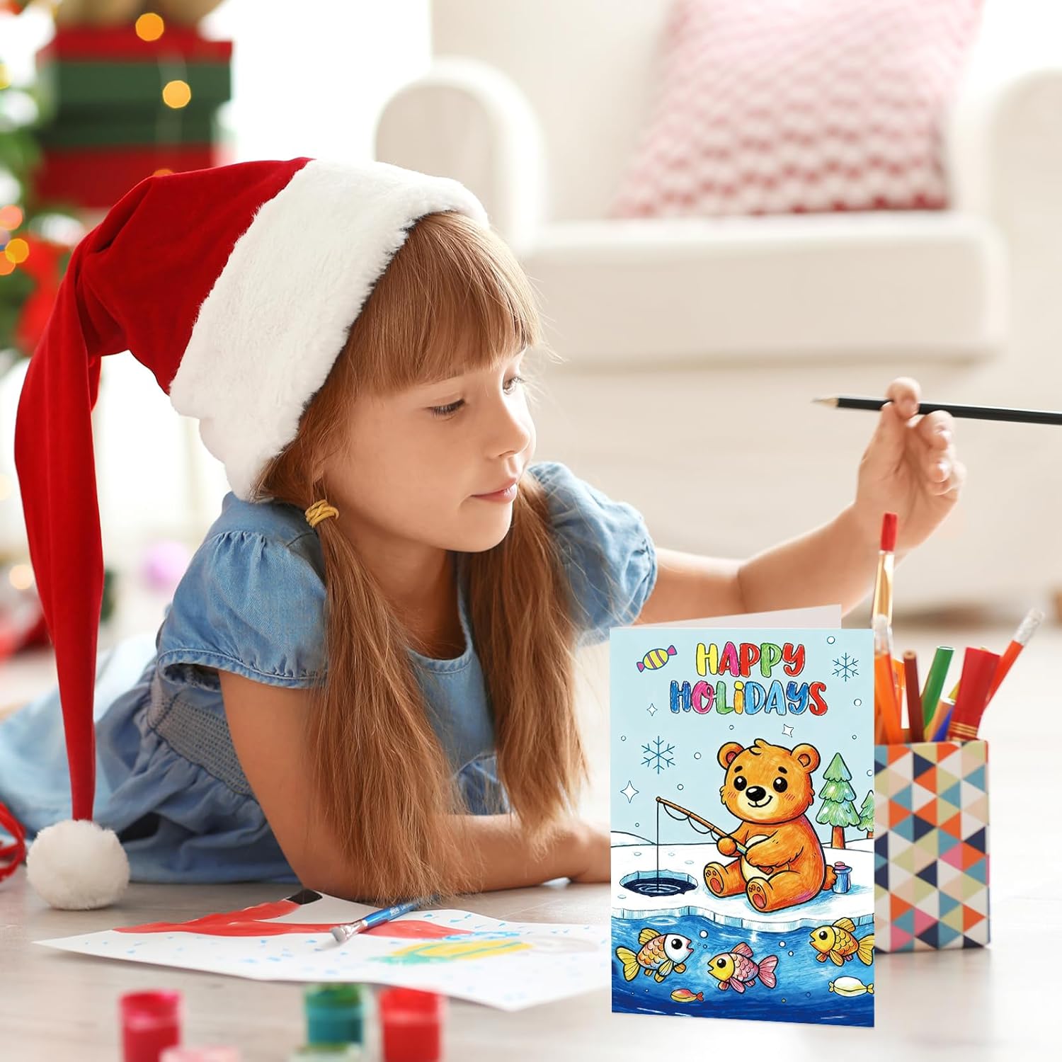 Whaline 24 Packs Winter Christmas Color Your Own Cards Greeting Card DIY Coloring Cartoon Animal Note Cards with Envelopes and Stickers for Xmas Holiday Baby Shower Student Crafts - Image 7