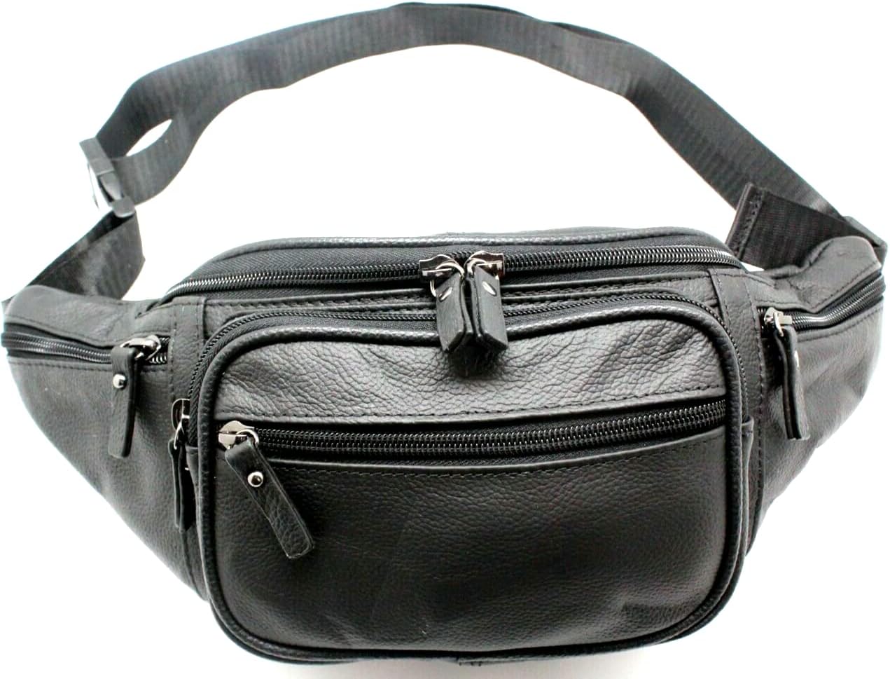 XLarge Black Leather Fanny Pack Waist Bum Bag Travel Hip Purse Pure Leather Chest Bag for Men (Black J3079)