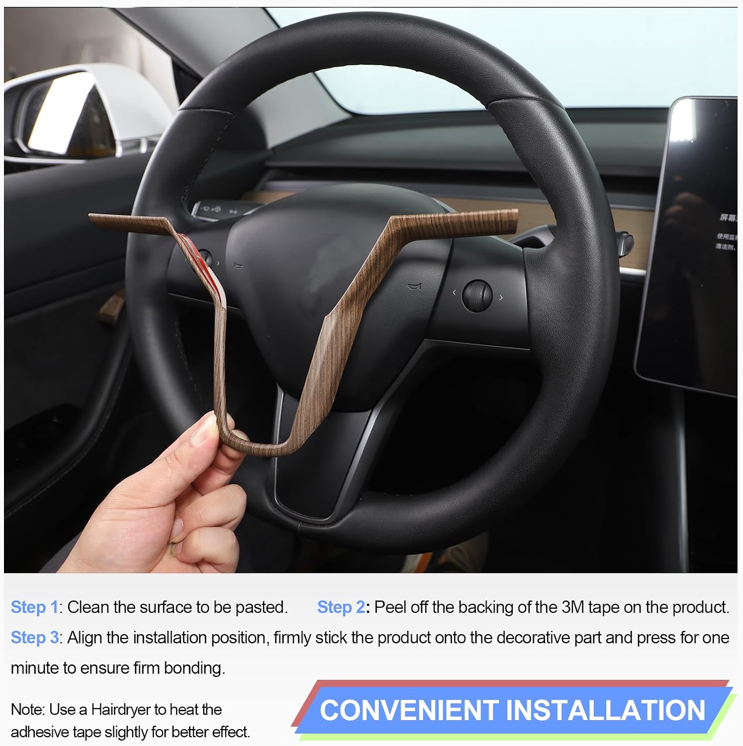 Wood Grain Steering Wheel Trim Cover Frame for Tesla Model 3 2017-2023 Gen 1.0/2.0, Steering Wheel Panel Protection Frame Molding Sticker for Tesla Model Y 2020-2024, ABS
