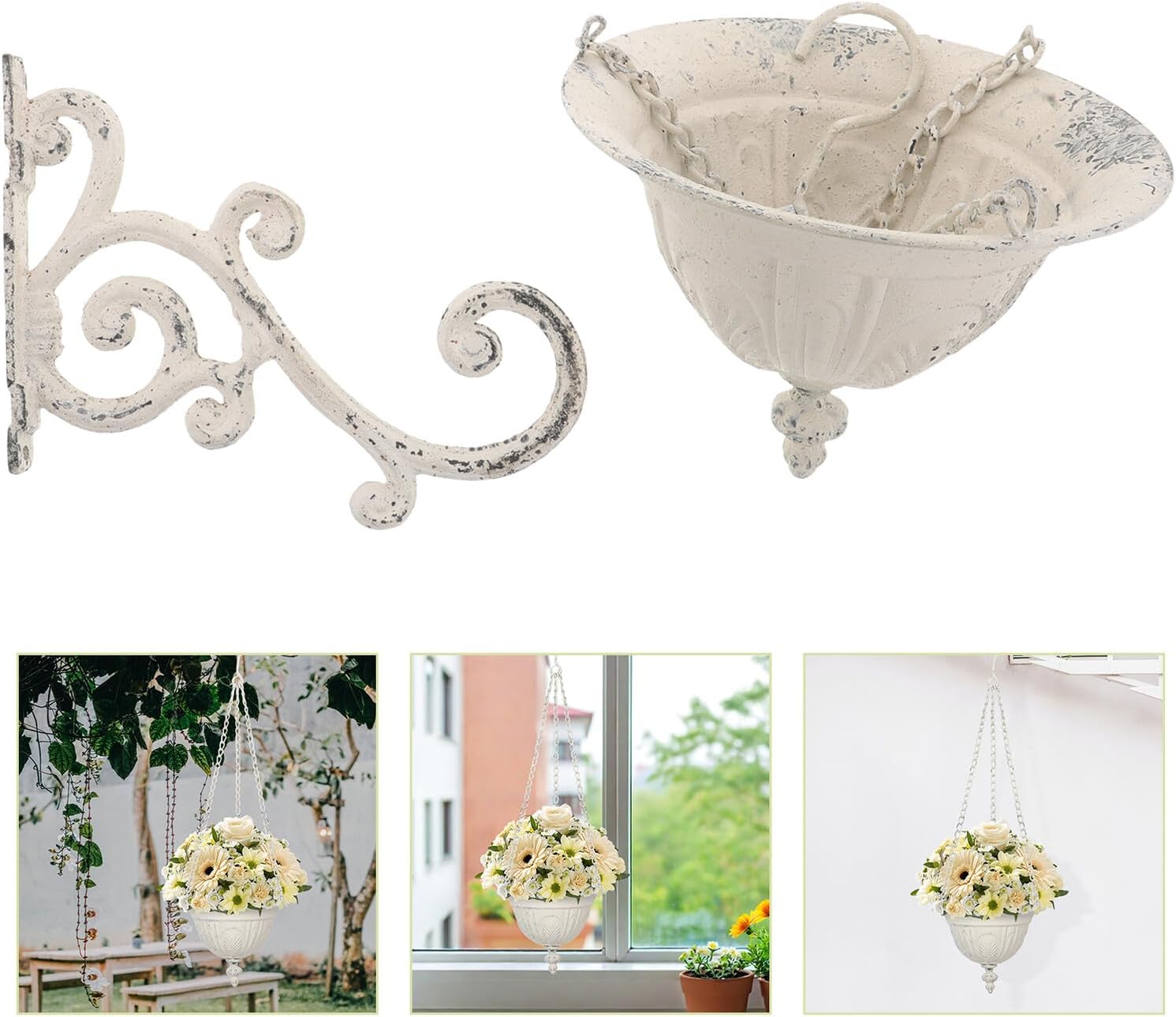 BESPORTBLE Rustic Metal Wall Hanging Planter Pots for Indoor Outdoor Use, Vintage White Iron Flowerpot Holder with Hanger for Balcony and Living Room Decor