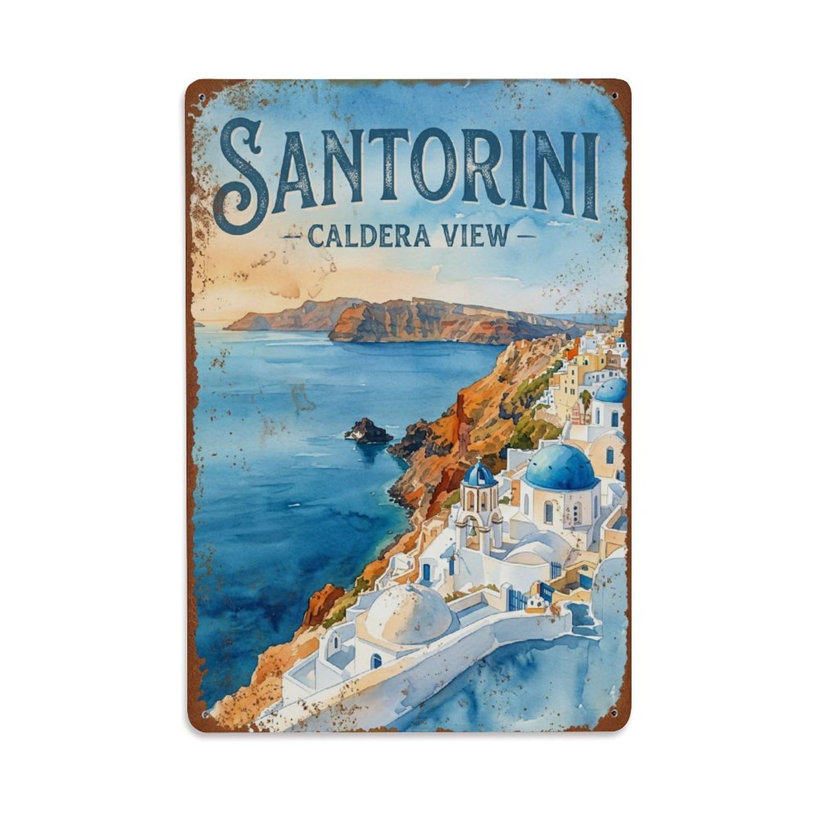 Fyrn Style Metal Tin Sign Vintage Travel Santorini Greece Caldera