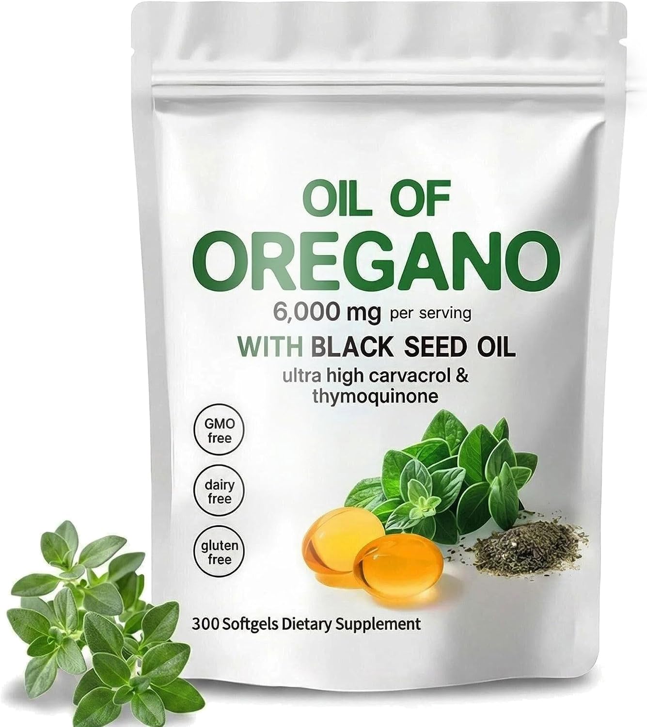 Oil of Oregano 6000mg with Black Seed Oil, 300 Softgels - High Carvacrol & Thymoquinone, Non-GMO, Gluten Free, Dairy Free