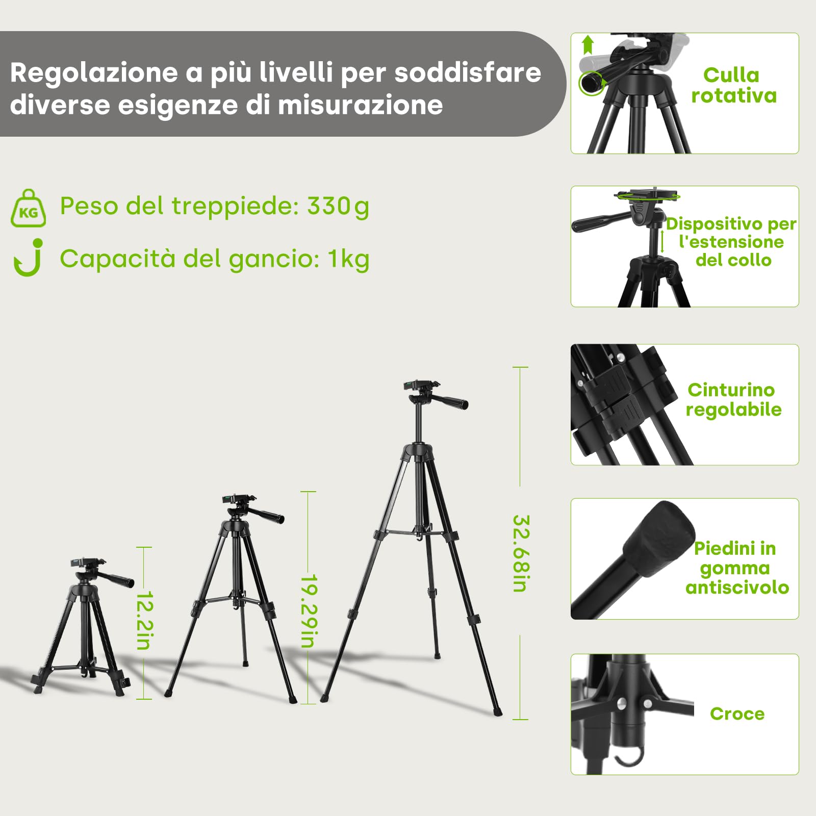 Livella Laser Verde con Treppiede, Autolivellante,2 Batteria AA | Treppiede regolabile, 30M Livello Laser Orizzontale e Verticale, IP54 per Cantieri, Decorazione per la casa, DIY, Portatile