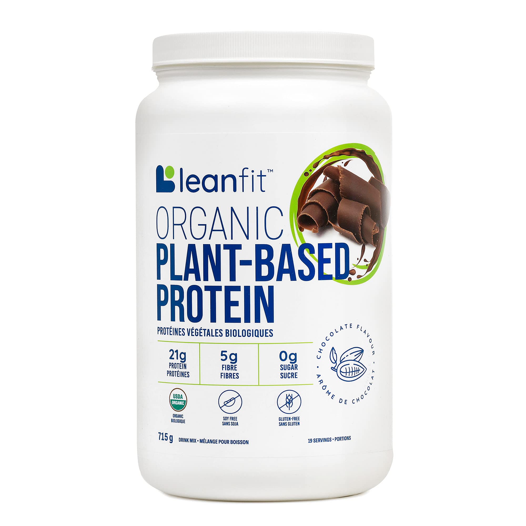 LEANFIT ORGANIC PLANT-BASED PROTEIN, Natural Chocolate - Vegan, Soy Free, Gluten Free, Dairy Free, Sugar Free - 21g Protein, 19 Servings, 715g Tub