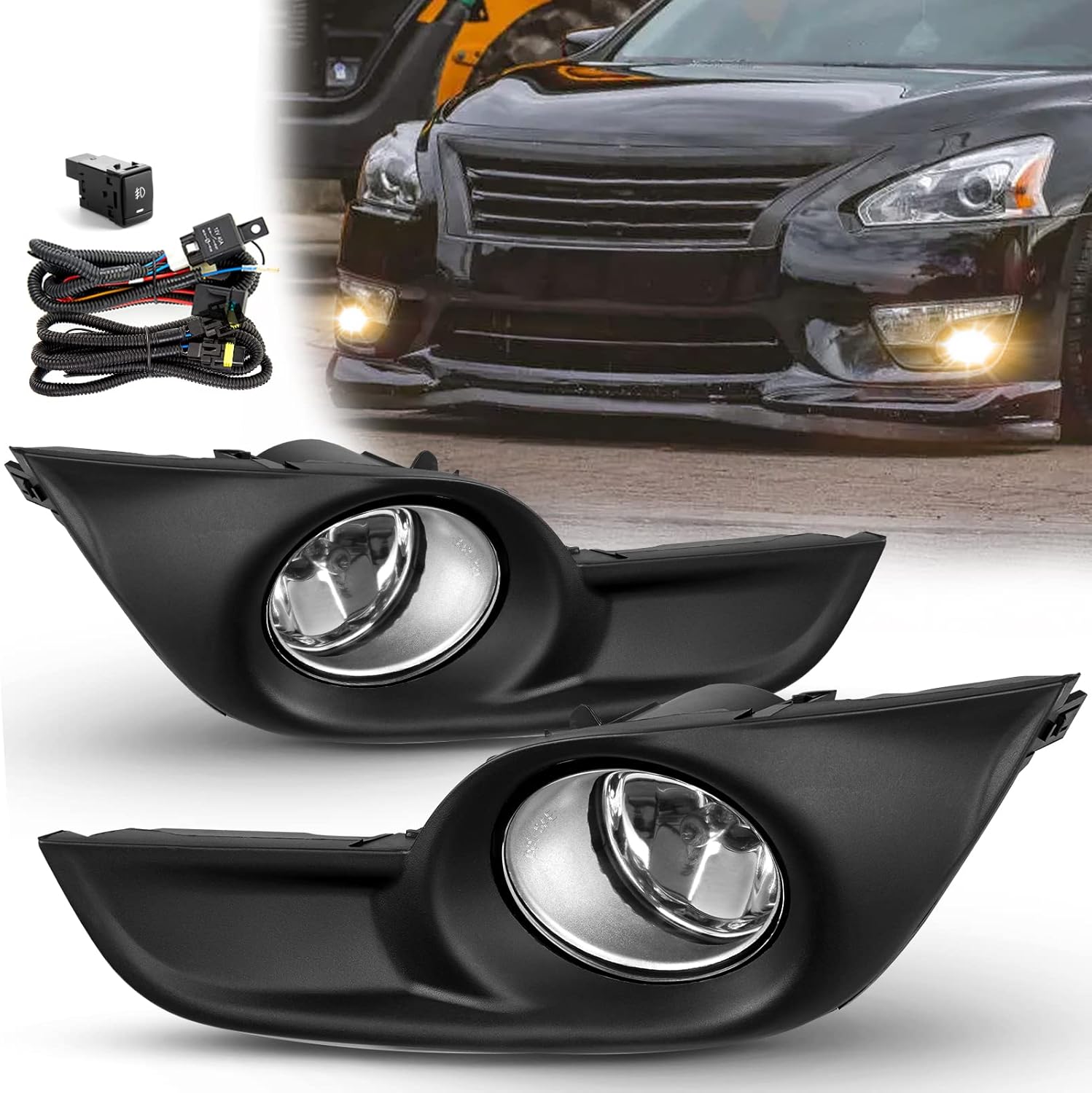 Fog Lights Lamps Replacement for 2013-2015 Nissan Altima Sedan Fog Light Assembly Compatible with H11 12V 55W Bulbs, Switch and Wiring Kit