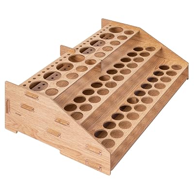 Amazon Basics Craft Paint and Brush Organizer Rack for Paint Bottles, Holds up to 60 Bottles and 22 Brushes, Wood Finish, 14 x 8 in, Light Brown