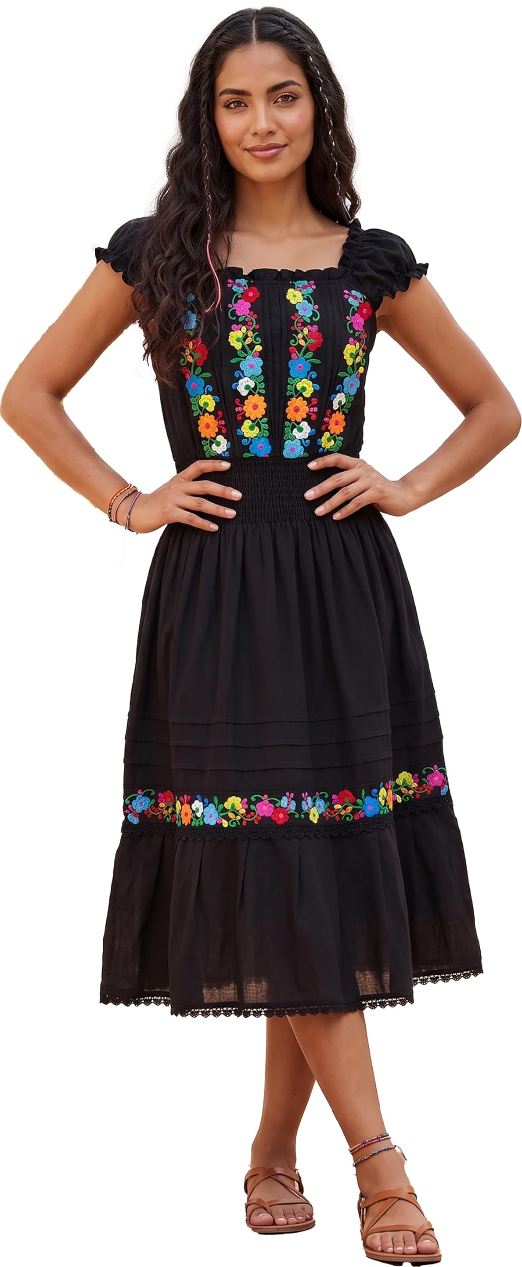 Women Mexican Dress Floral Embroidery Boho Long Dress Short Sleeve Summer Maxi Dresses
