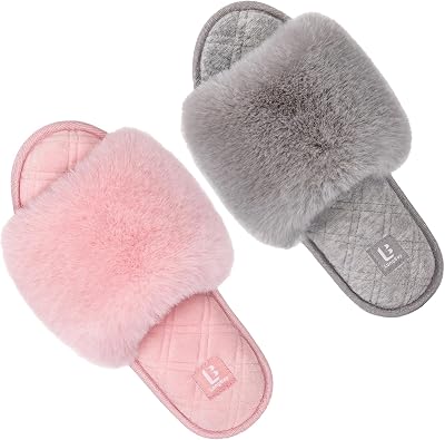 LongBay Womens Fuzzy Faux Fur Memory Foam Cozy Flat Spa Slide Slippers Comfy Open Toe Slip On House Shoes Sandals