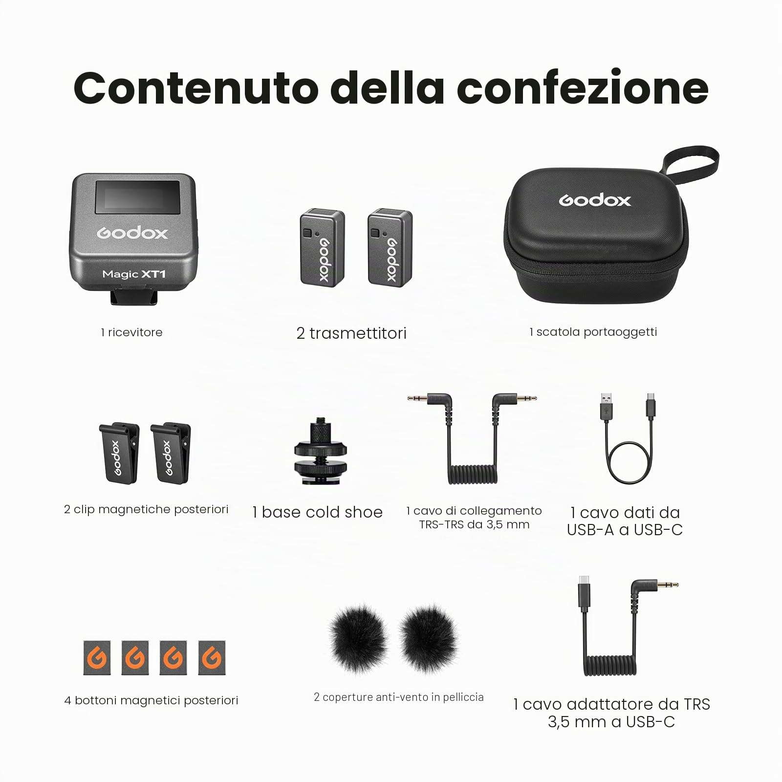 Godox Magic XT1 - Microfono wireless (2TX+1RX) per fotocamera, smartphone USB-C, 48 kHz/24 bit 200 m, mono/stereo/traccia di sicurezza, riduzione del rumore, microfono lavalier, touch screen per