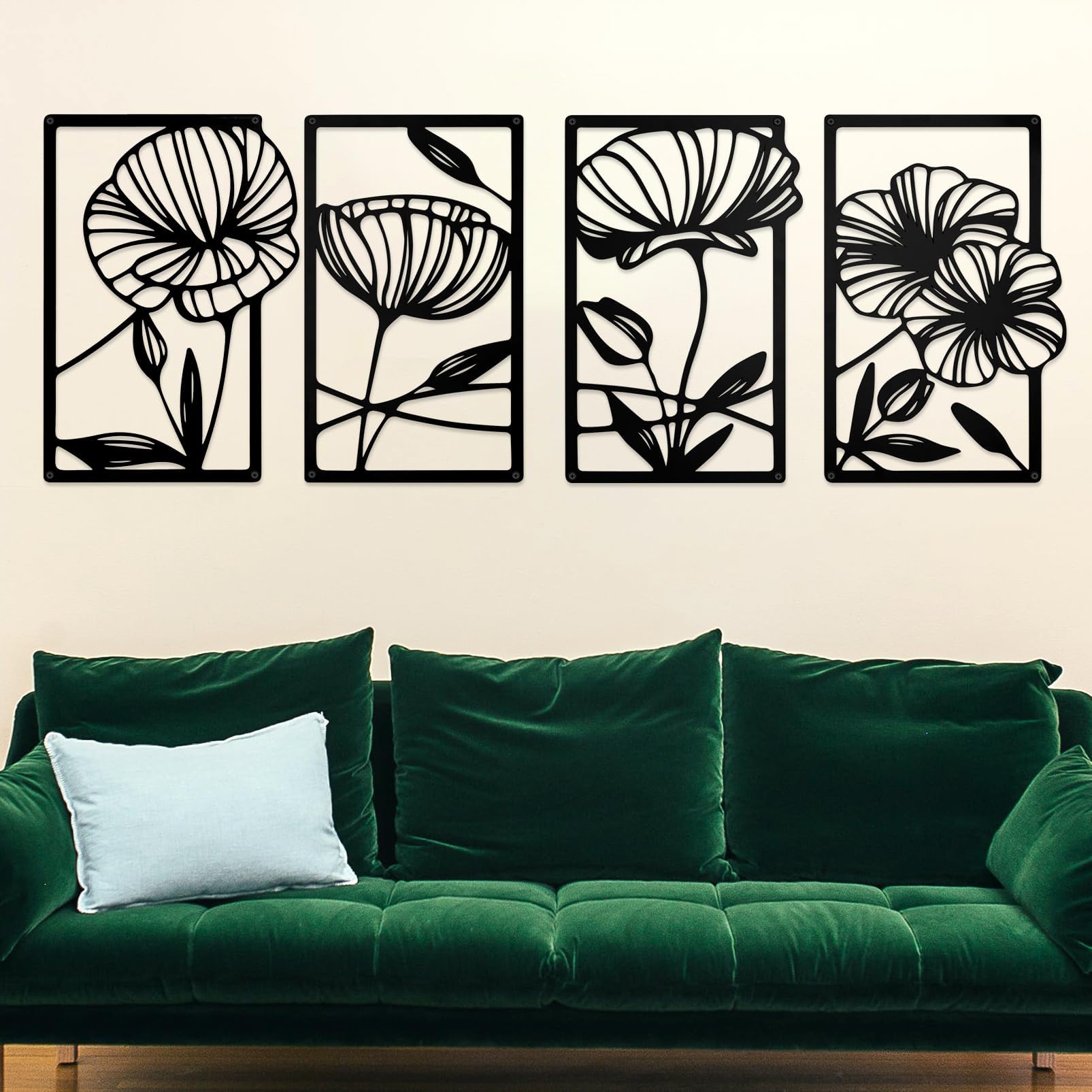 HONZUEN Metal Wall Art Lotus, Wall Art For Living Room/Hallway and Stairs, 4 Pieces Wall Decor, Black Metal Artwork for Wall Flowers, Aesthetic Room Decor, Wall Decorations