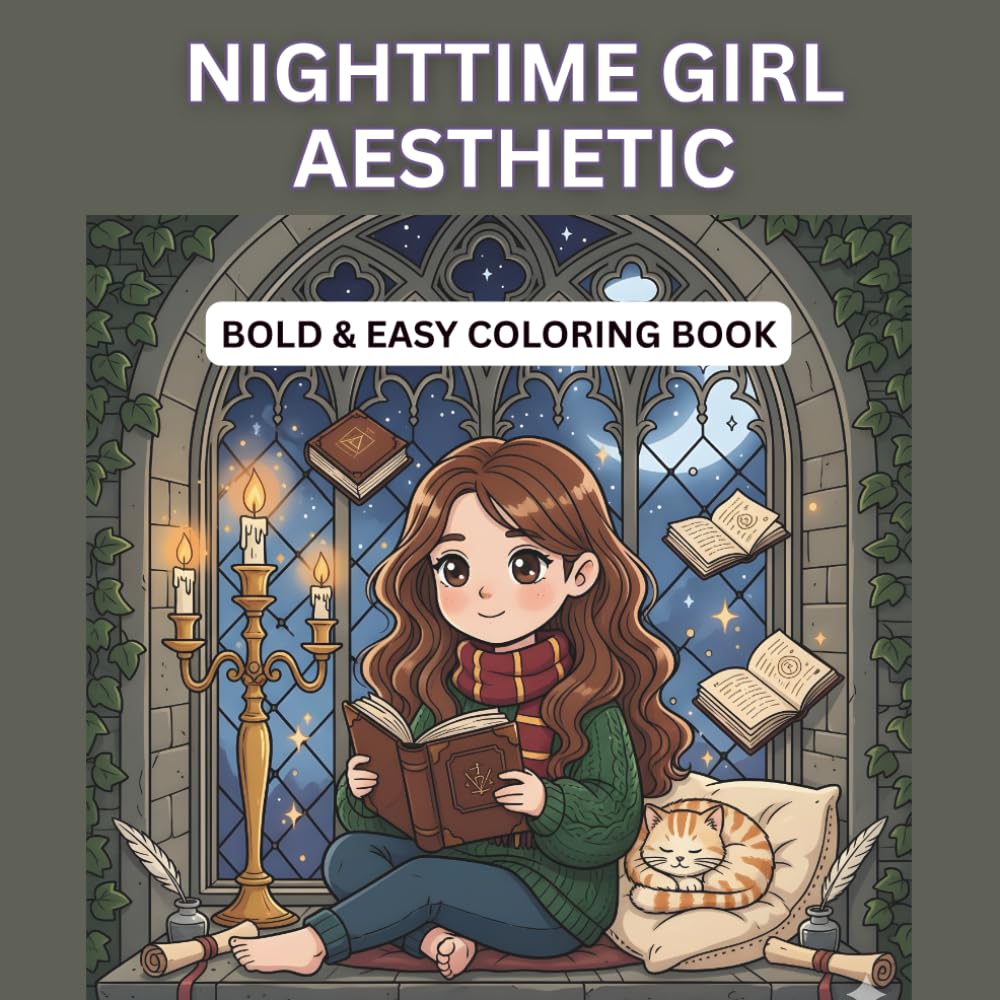 Dark Academia Coloring Book for Teens: Nighttime Girl Aesthetic: 50 Easy Gothic Study Sessions, Cozy Evening Rituals & Witchy Library Scenes - Bold Line Adult Coloring Pages for Stress Relief