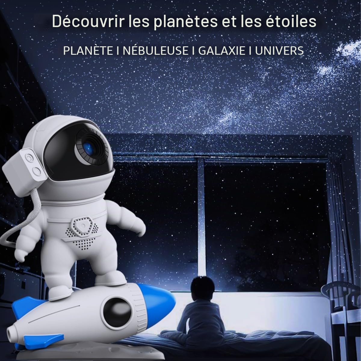 HTLNUZD Projecteur galaxie astronaute fusée et 12 pièces de film nébuleuse rotation à 360° tête magnétique pour chambre à coucher, salle de jeux, décoration de Noël