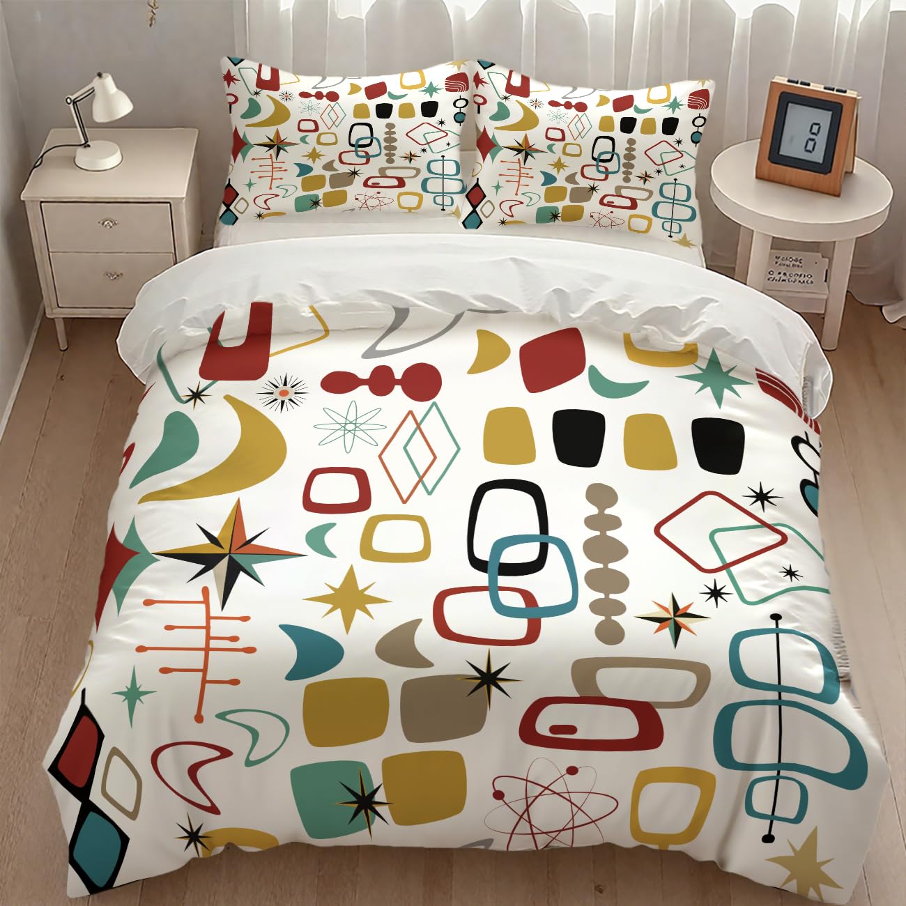 Mid Century Modern Bedding Set,Retro Geometric Colorful Diamond Abstract Geometric Vintage 60s 70s Pattern Comforter Set with Pillowcase for Bedroom Bed Decor，Twin 86"x70"