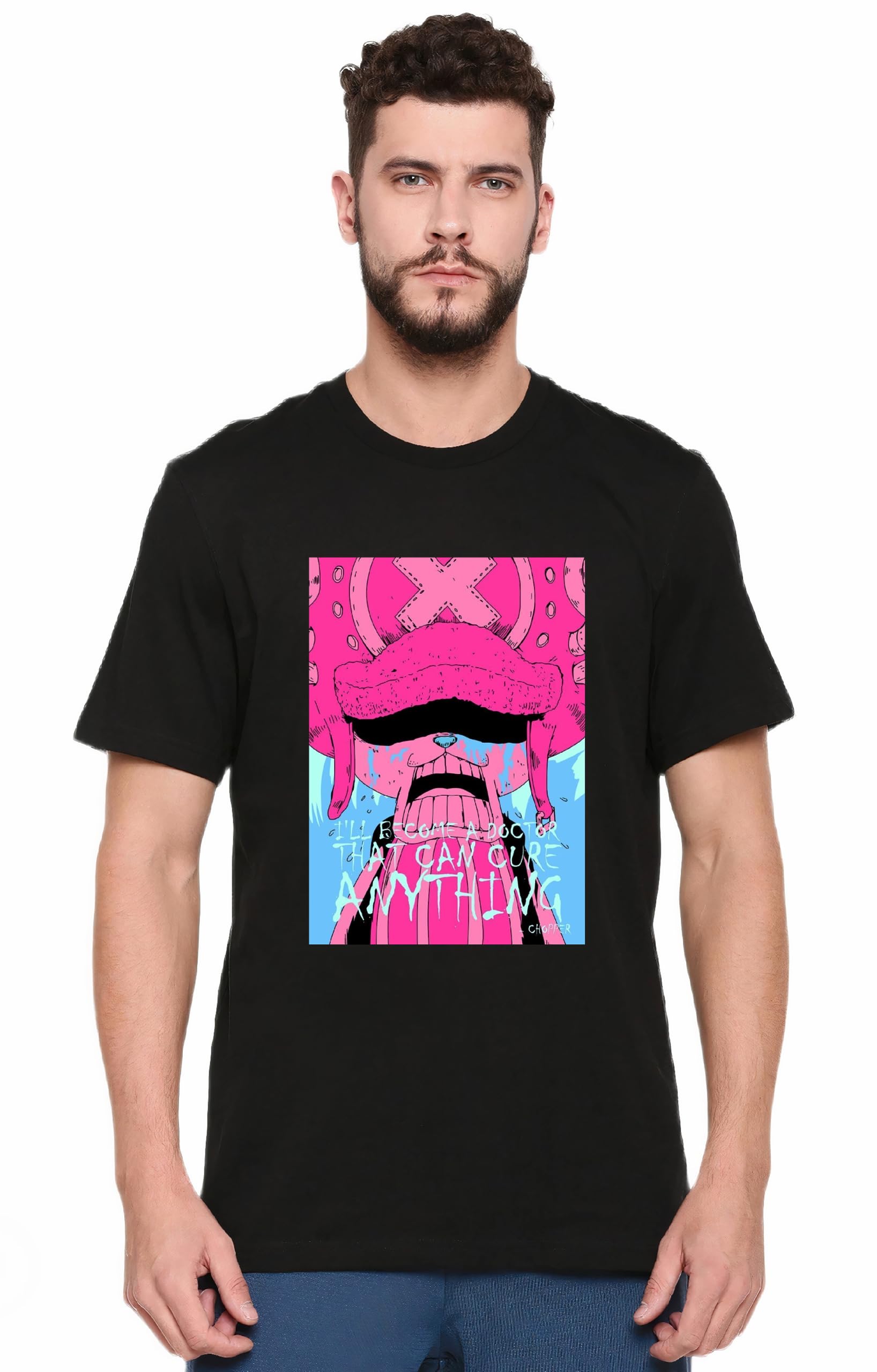 sl-Eisblock Anime T-Shirt for Men and Women Regular fit T-Shirt Round Neck One Piece T-Shirt Black Half Sleeves Tony Chopper Pure 100% Cotton (Y)