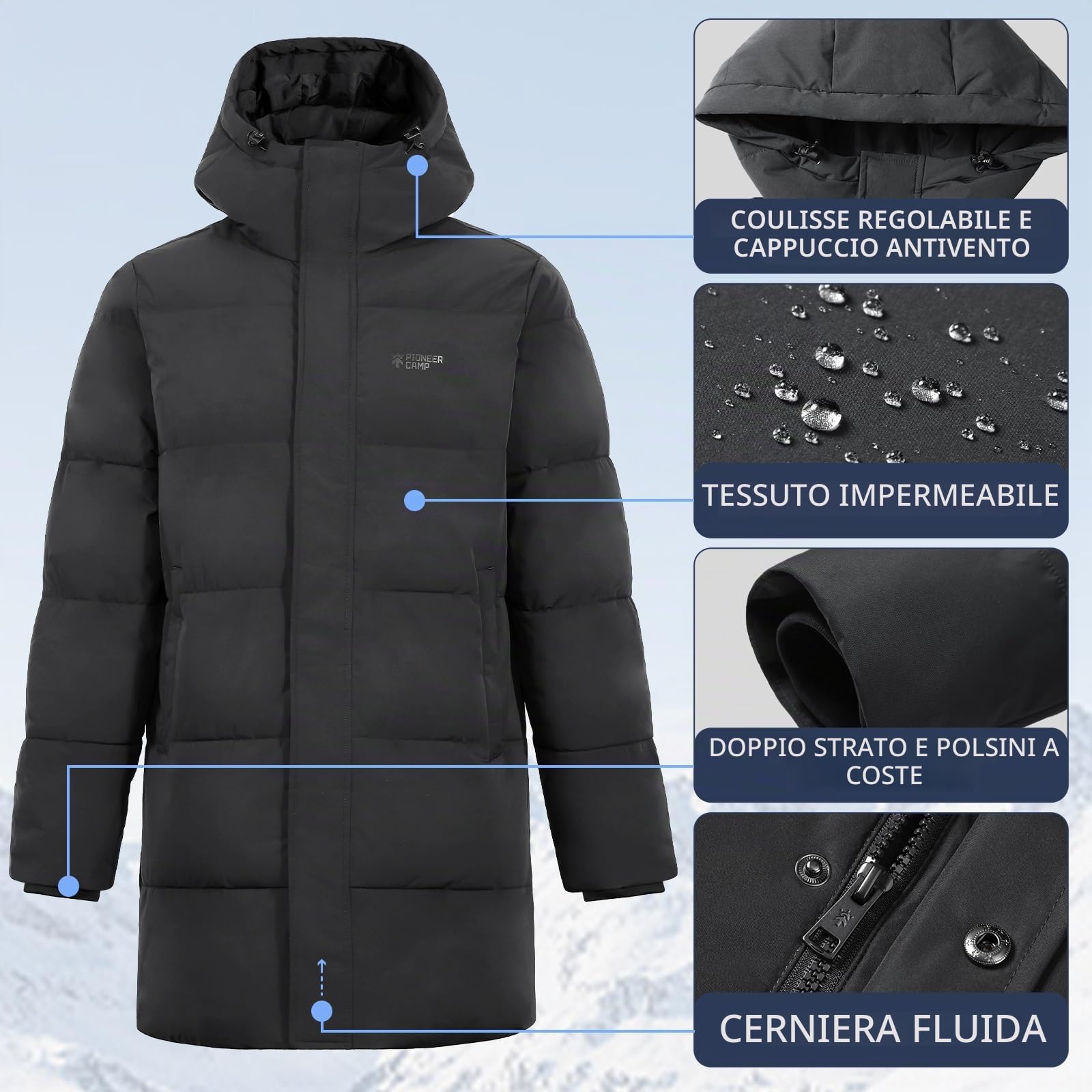 Pioneer Camp Giacca invernale da uomo, lunga, antivento, impermeabile, calda, invernale, parka con cappuccio