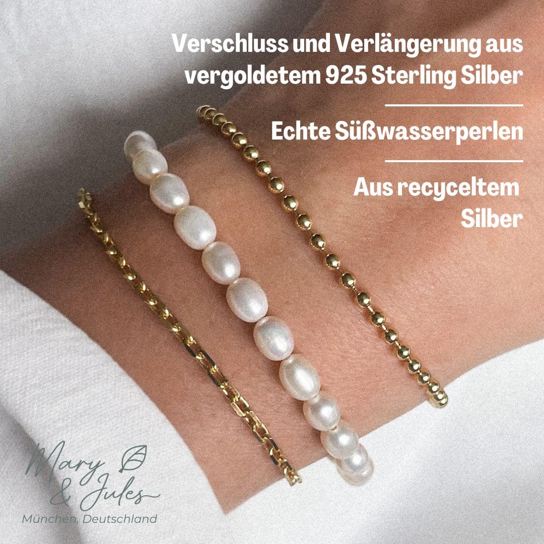 Mary & Jules Perlenarmband Damen Gold mit echten Süßwasserperlen und 925 Sterling Silber - aus recyceltem Silber, vergoldet, Perlenarmband Gold Damen für Frauen & Mädchen