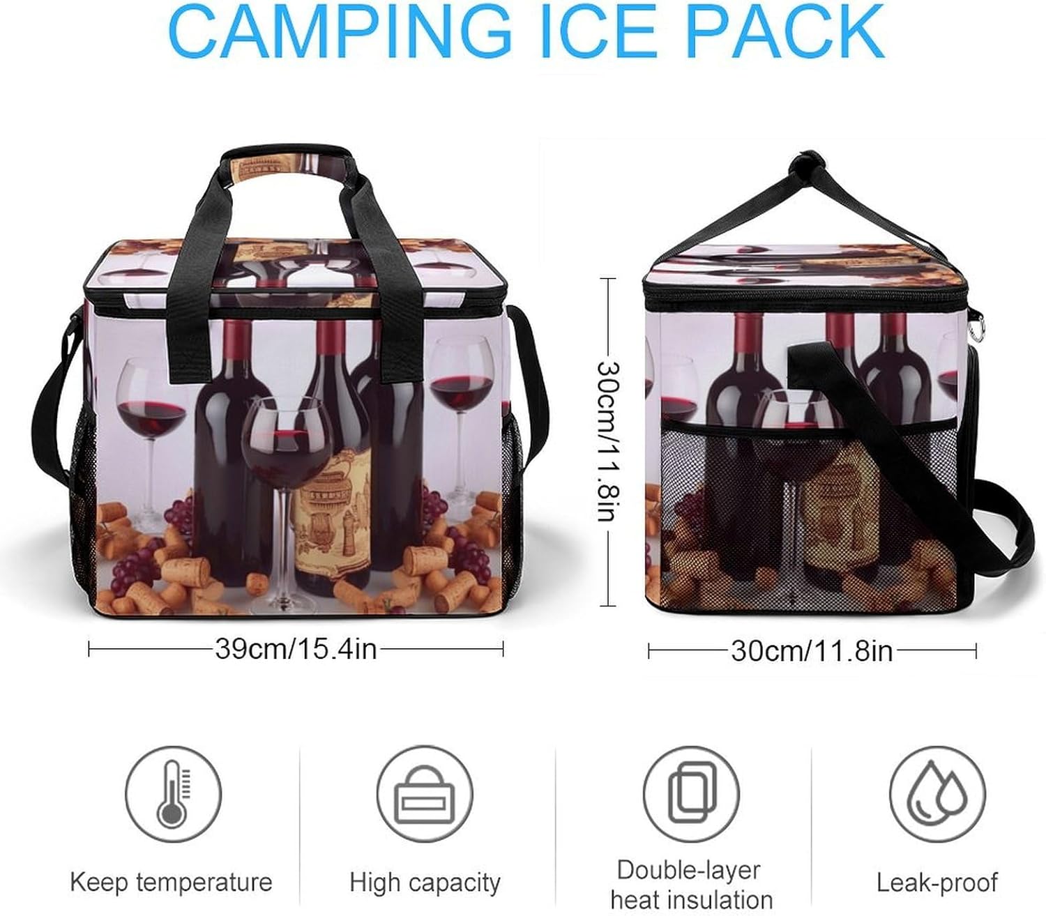 Large Capacity Oxford Cloth Red Wine Printed Camping Ice Bag, Outdoor Portable Insulation and Cooling Bag, Suitable for Outdoor Camping and Picnics