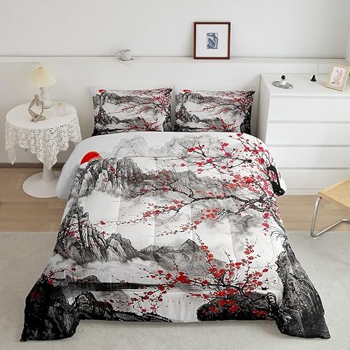 Miniatura 39 de Feelyou - Juego de edredón de olas japonesas tamaño queen para niños, flores de cerezo, edredón para niños, niñas y adolescentes, decoración de Azul