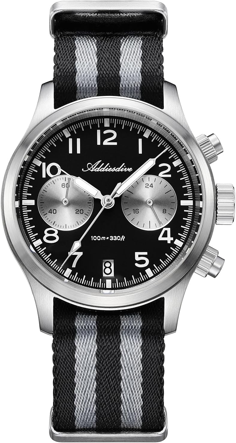 ADDIESDIVE 39 MM Chronograph Watch Panda Dial Quartz VK64 Movement Synthetic Sapphire Super Lume 100 M Mens Waterproof Watches Comfortable Nylon Strap
