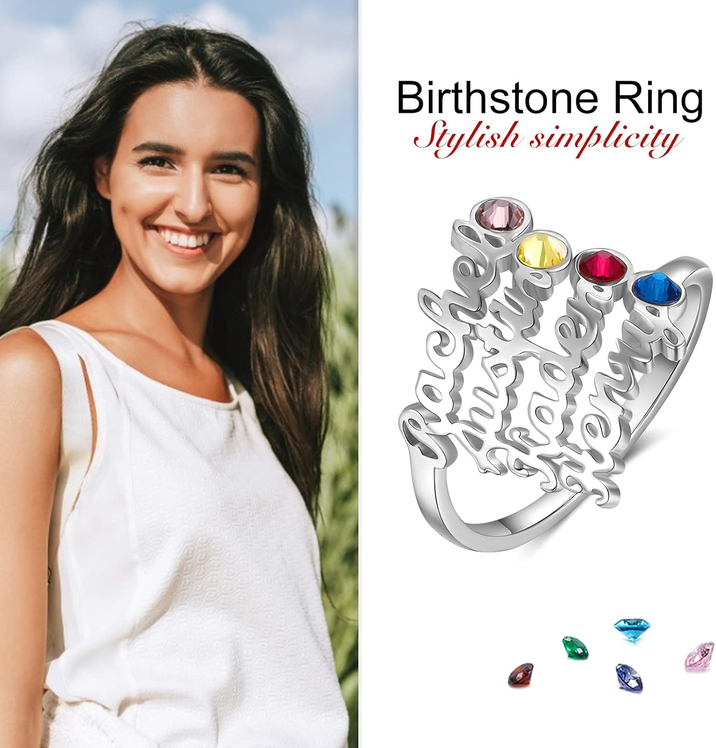 ROSI Personalized Silver Name Rings for Women,Custom Names Ring with Any Names Mother Daughter Ring Christmas Jewelry Gifts,Matching Rings Promise Rings for Couples,Mother Birthstone Rings