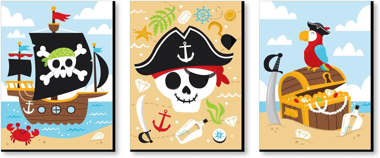 Big Dot of Happiness Pirate Ship Adventures - Nautical Skull and Treasure Chest Nursery Wall Art and Kids Room Decor - 7.5 x 10 inches - Set of 3 Prints